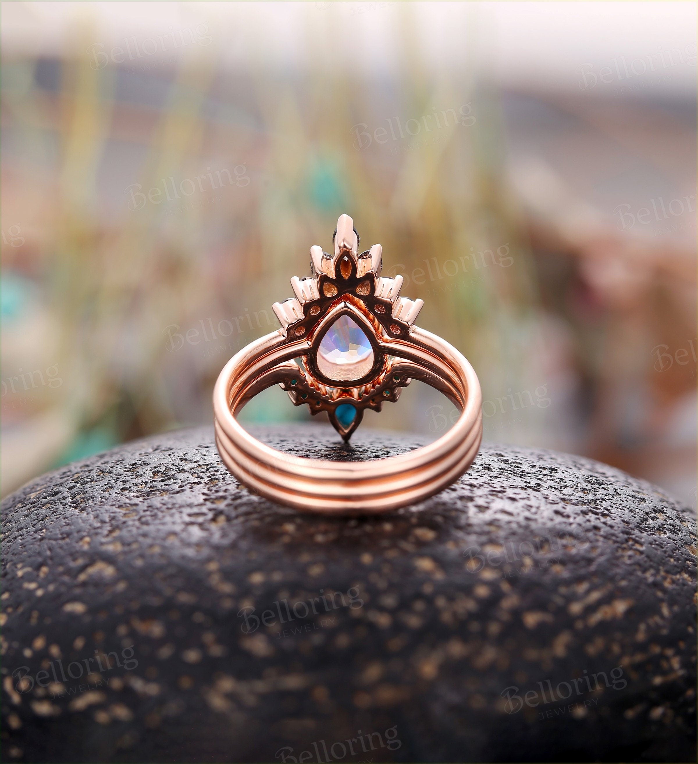 Moonstone engagement ring set  Rose gold pear cut vintage salt and pepper diamond and curved  turquoise Wedding band promise ring