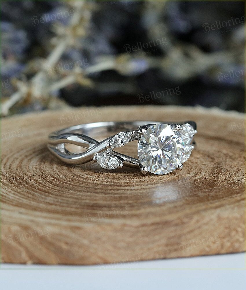 Moissanite engagement ring 14k white gold round cut vintage Halo diamond Half eternity Wedding  Bridal Jewelry Anniversary wedding ring