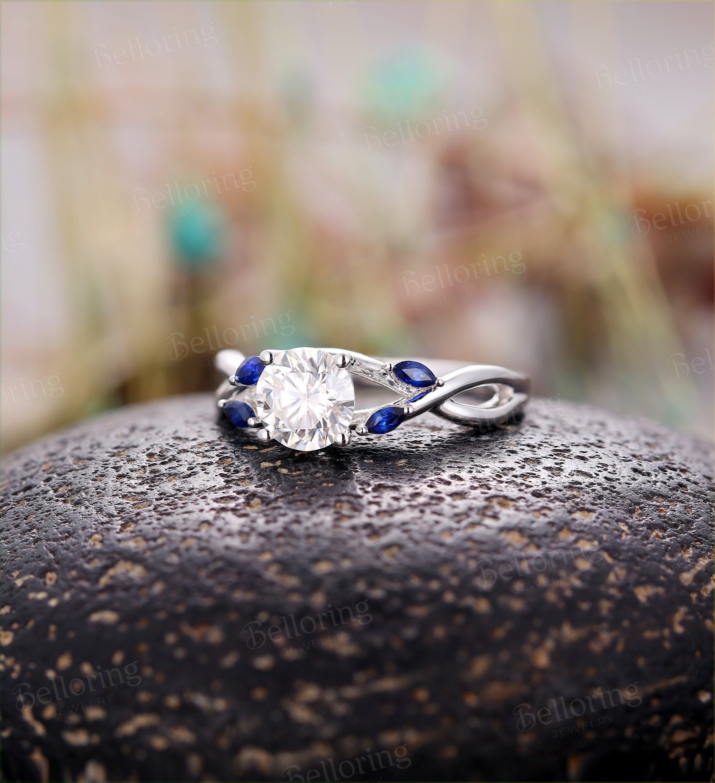 Moissanite engagement ring 14k white gold marquise cut lab sapphire vintage Wedding ring for  unique Jewelry Anniversary wedding ring