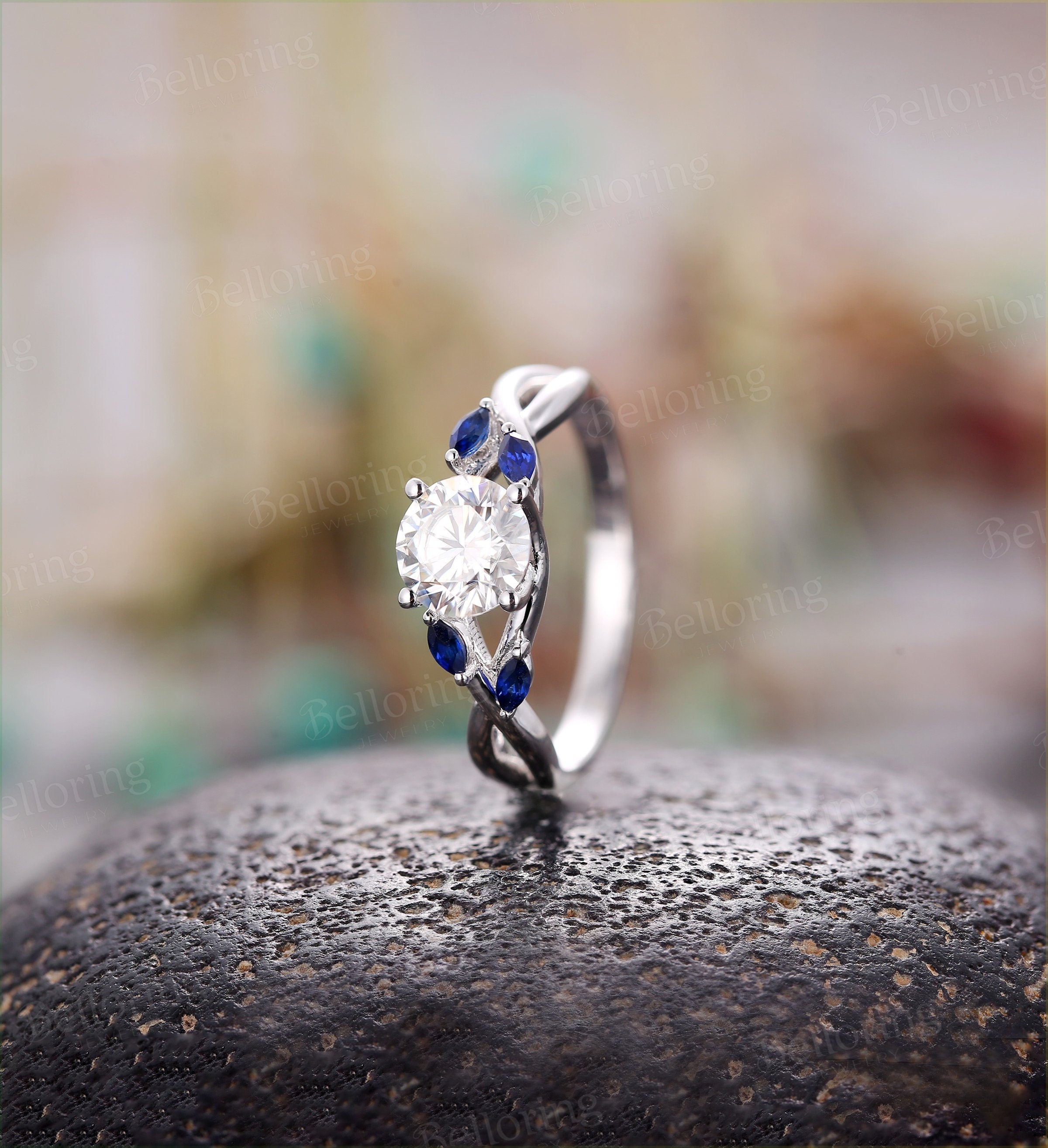 Moissanite engagement ring 14k white gold marquise cut lab sapphire vintage Wedding ring for  unique Jewelry Anniversary wedding ring