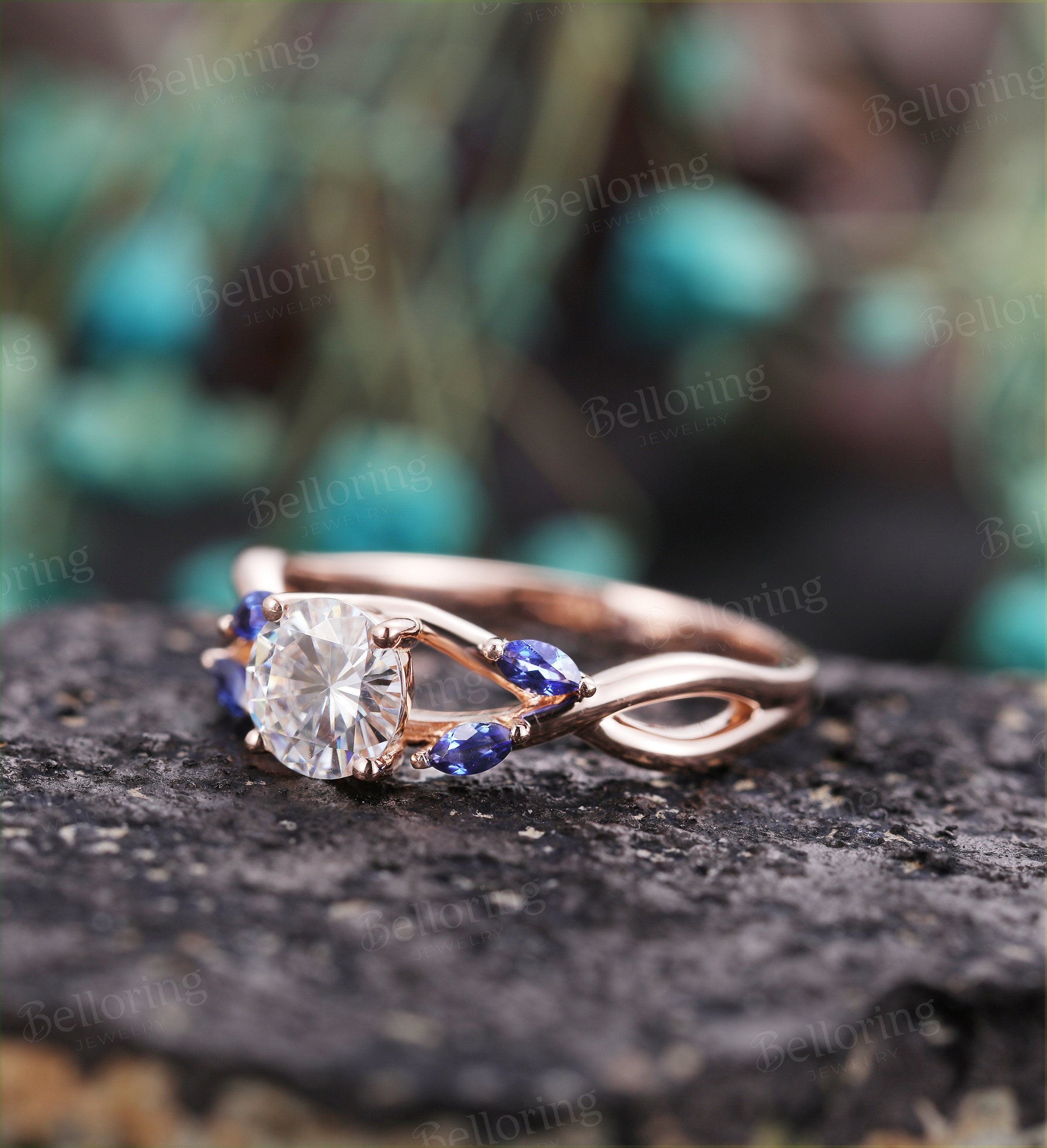 Moissanite engagement ring 14k rose gold marquise cut sapphire vintage Wedding ring for  unique Jewelry Anniversary wedding ring