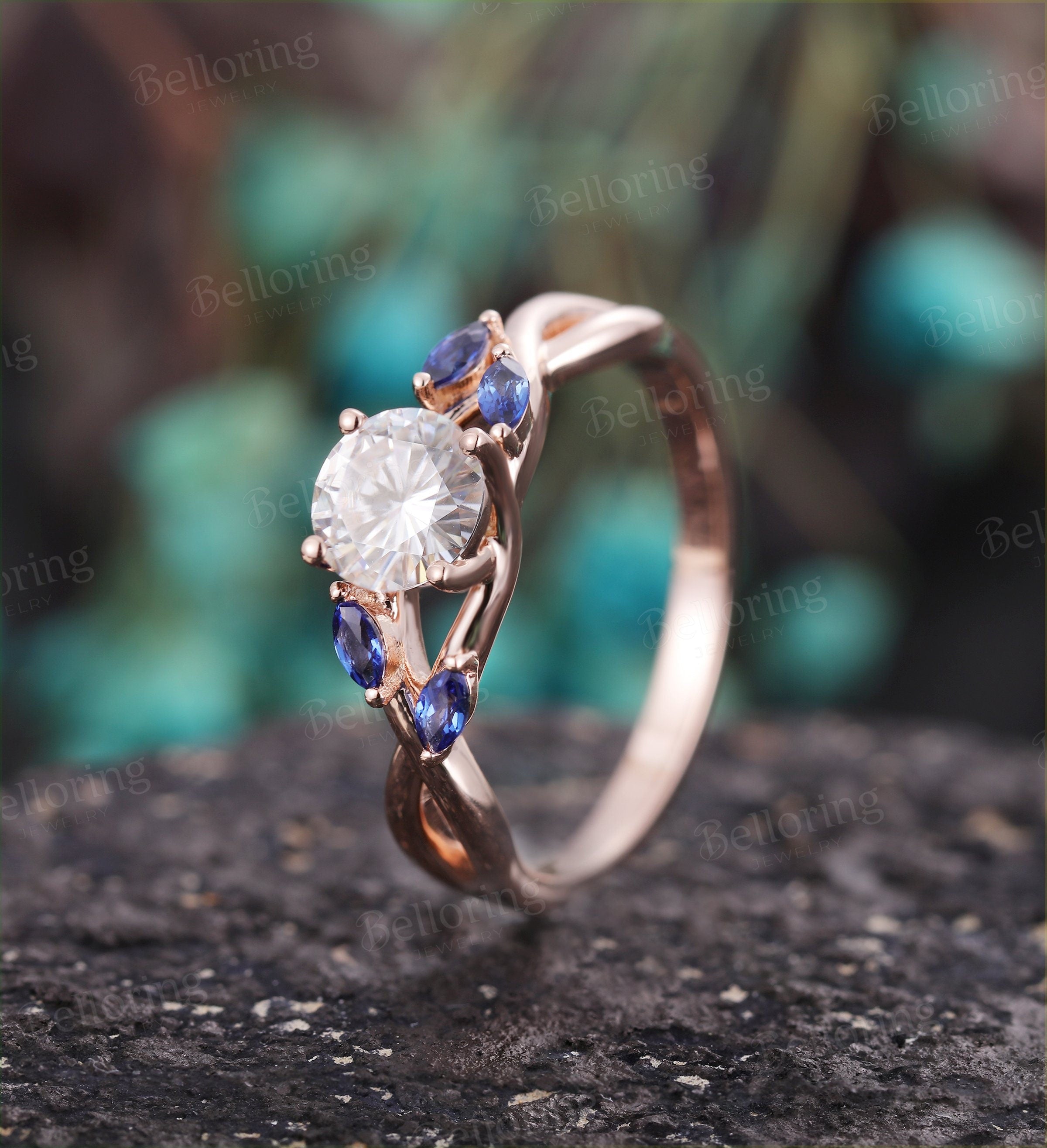 Moissanite engagement ring 14k rose gold marquise cut sapphire vintage Wedding ring for  unique Jewelry Anniversary wedding ring