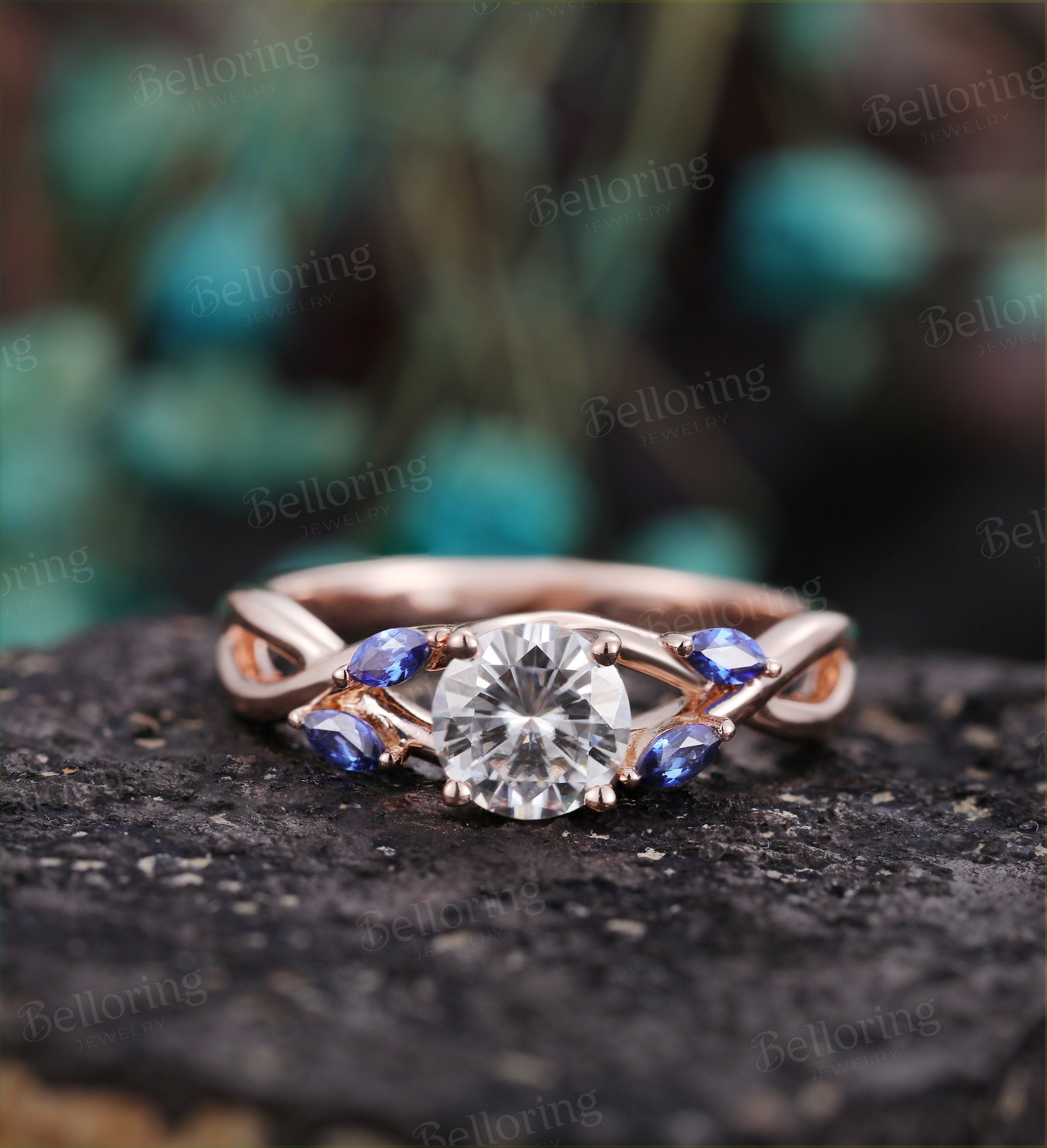 Moissanite engagement ring 14k rose gold marquise cut sapphire vintage Wedding ring for  unique Jewelry Anniversary wedding ring