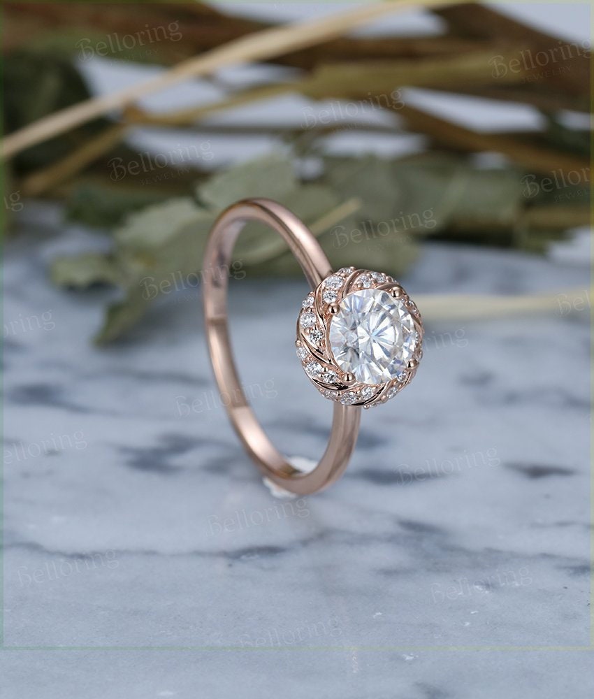 Moissanite Engagement Ring Rose Gold round Cut Vintage Halo Diamond Wedding  antique Half eternity Promise gift Bridal Jewelry  Anniversary