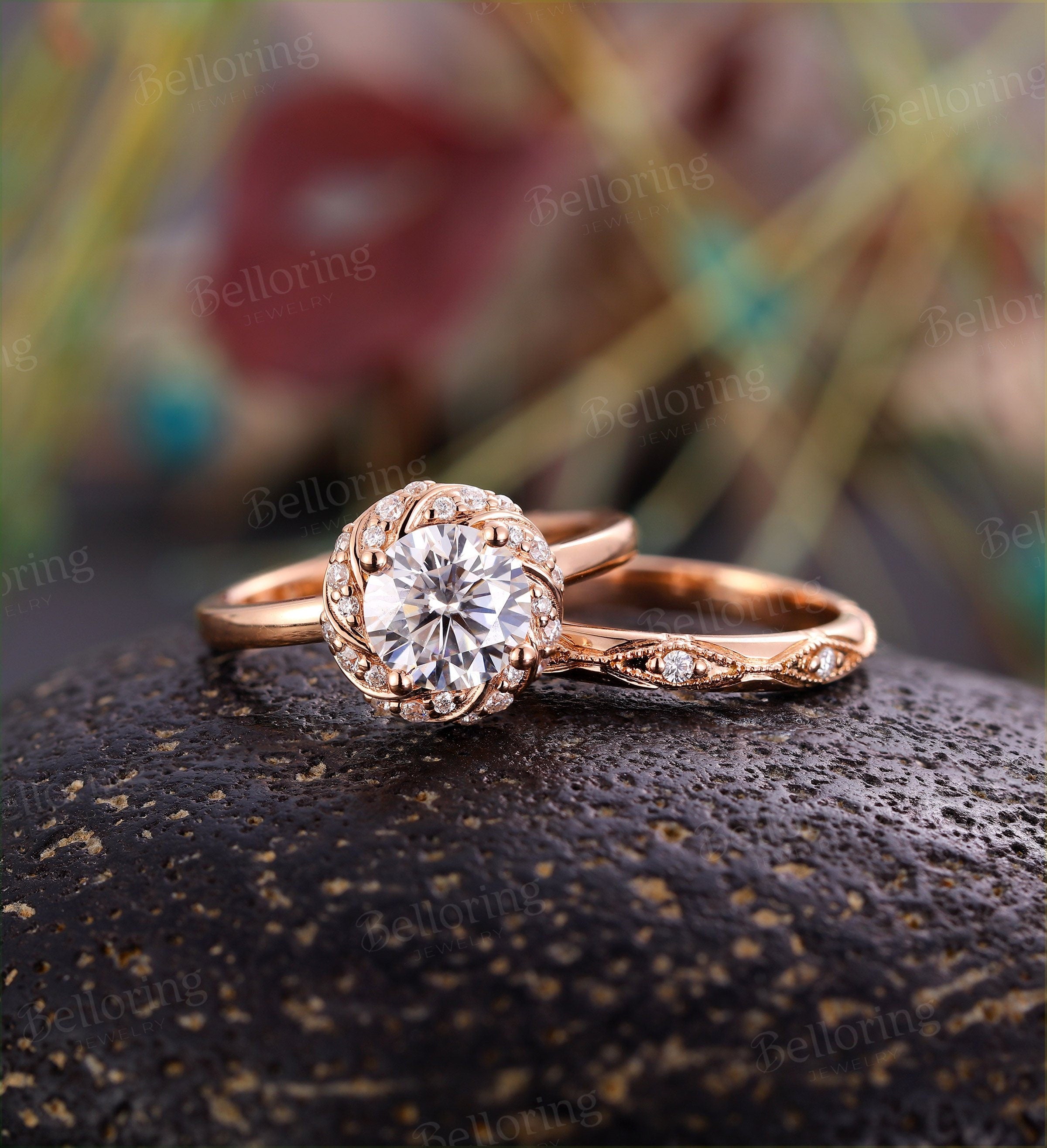 Moissanite Engagement Ring set Rose Gold Vintage Wedding  halo art deco antique Promise gift Bridal Jewelry  Anniversary wedding ring