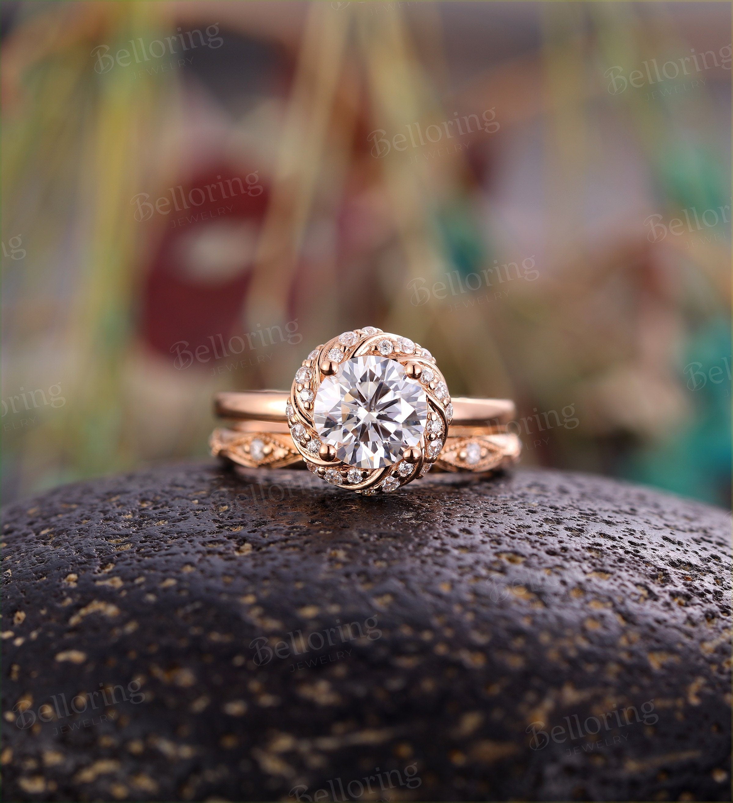 Moissanite Engagement Ring set Rose Gold Vintage Wedding  halo art deco antique Promise gift Bridal Jewelry  Anniversary wedding ring