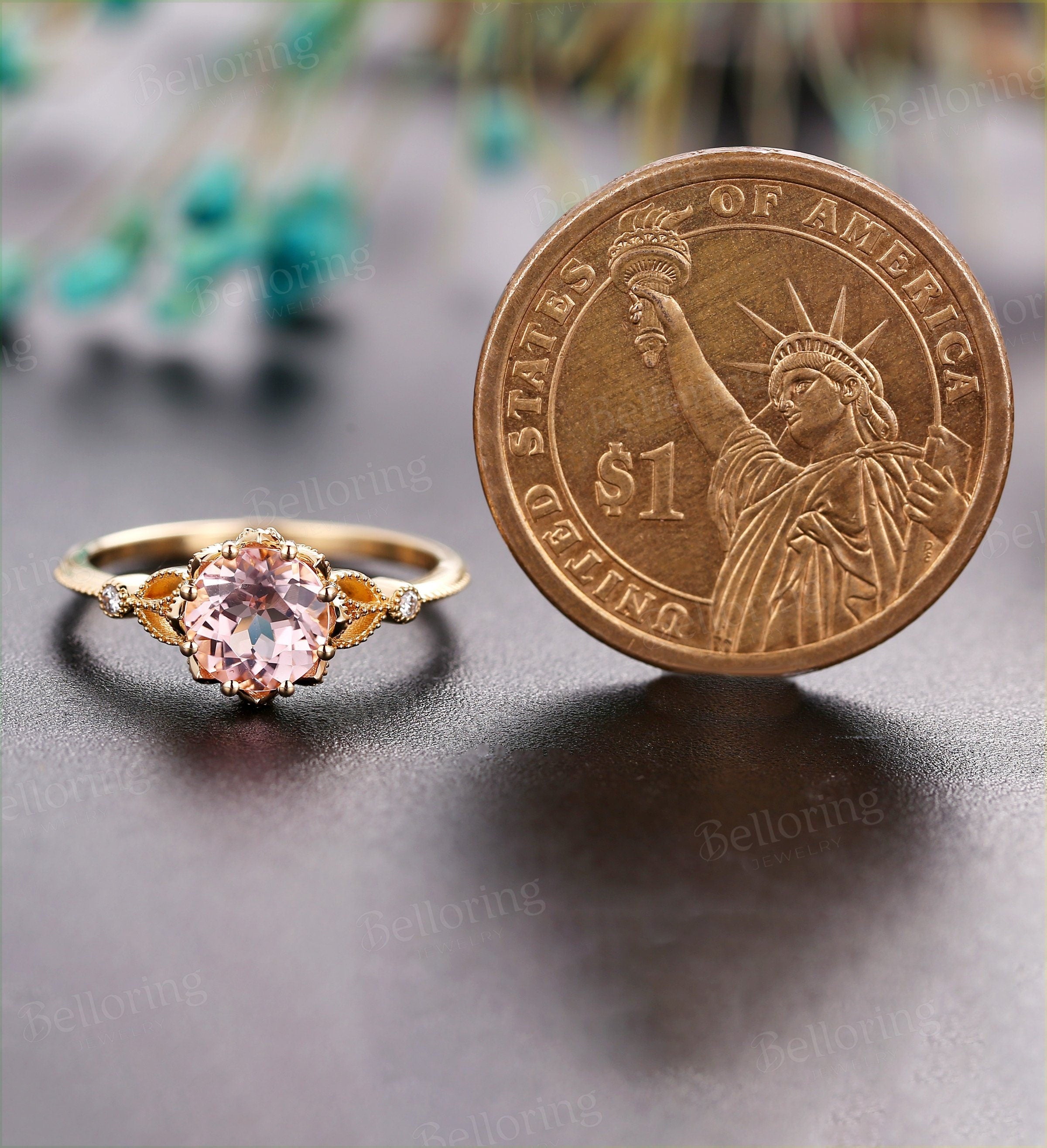 Morganite engagement ring yellow gold art deco vintage rings for  antique milgrain Jewelry Anniversary wedding ring promise ring