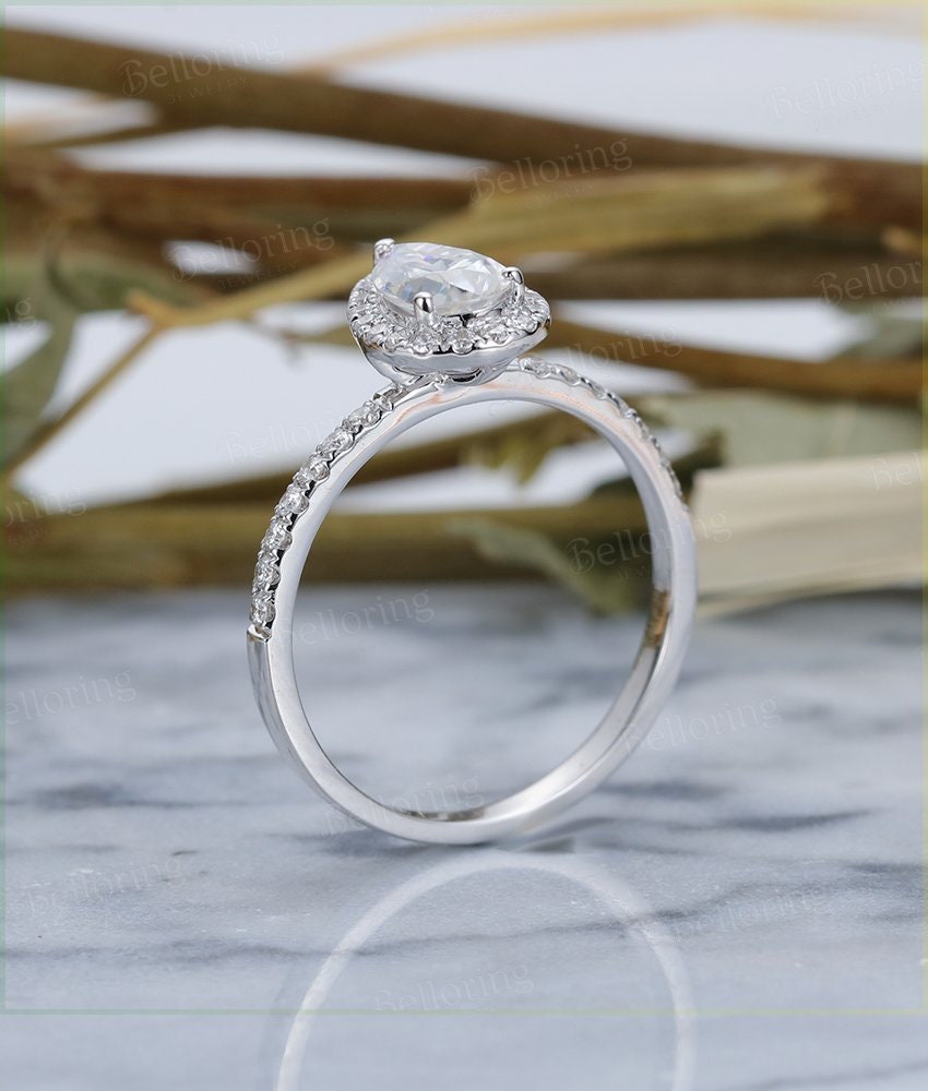 Moissanite engagement ring vintage white gold Pear cut Antique  Halo Half eternity Wedding  Promise Jewelry Anniversary wedding ring