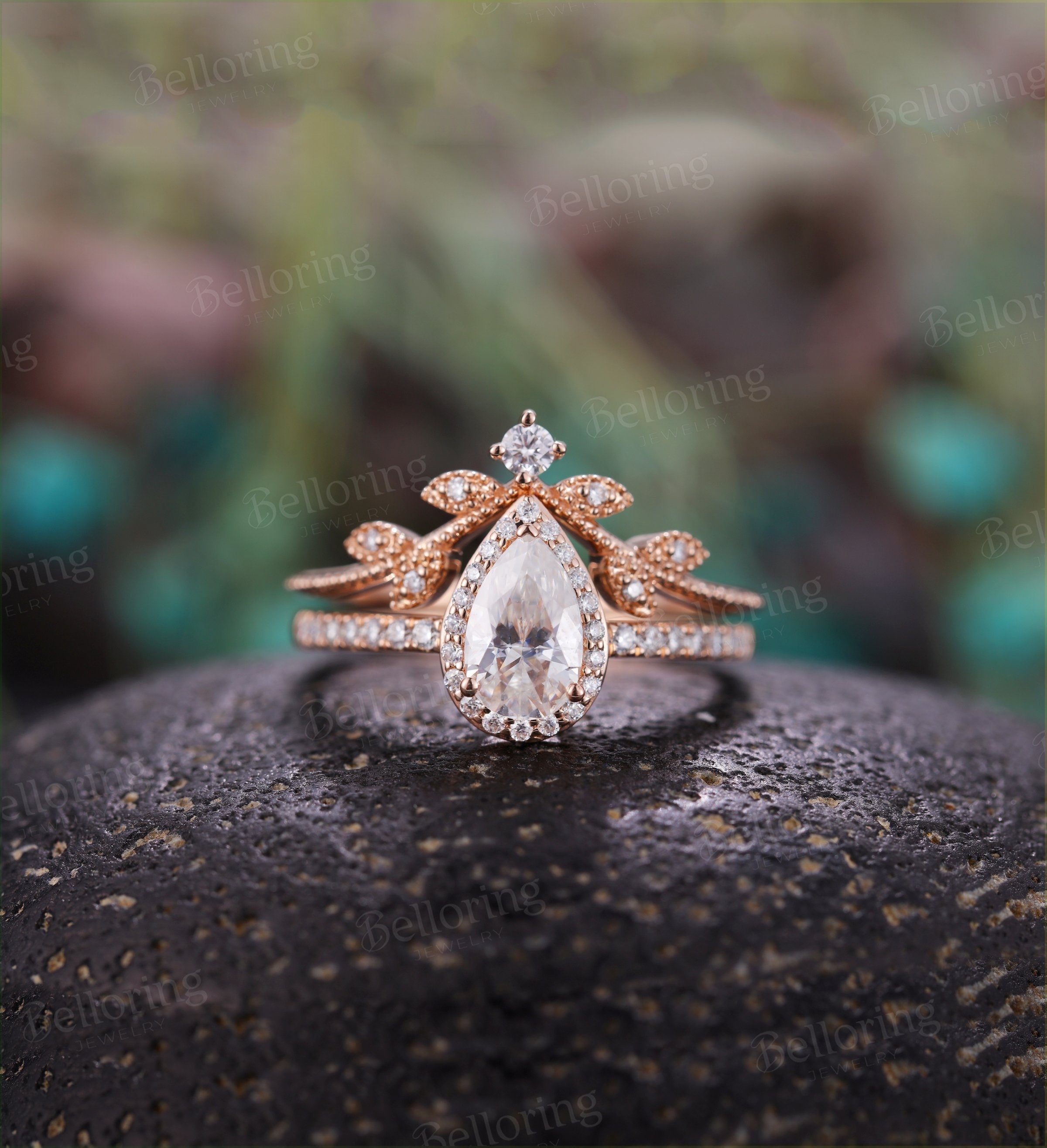 Moissanite engagement ring set vintage rose gold Pear cut Antique Halo diamond Half eternity Wedding  Jewelry Anniversary wedding ring