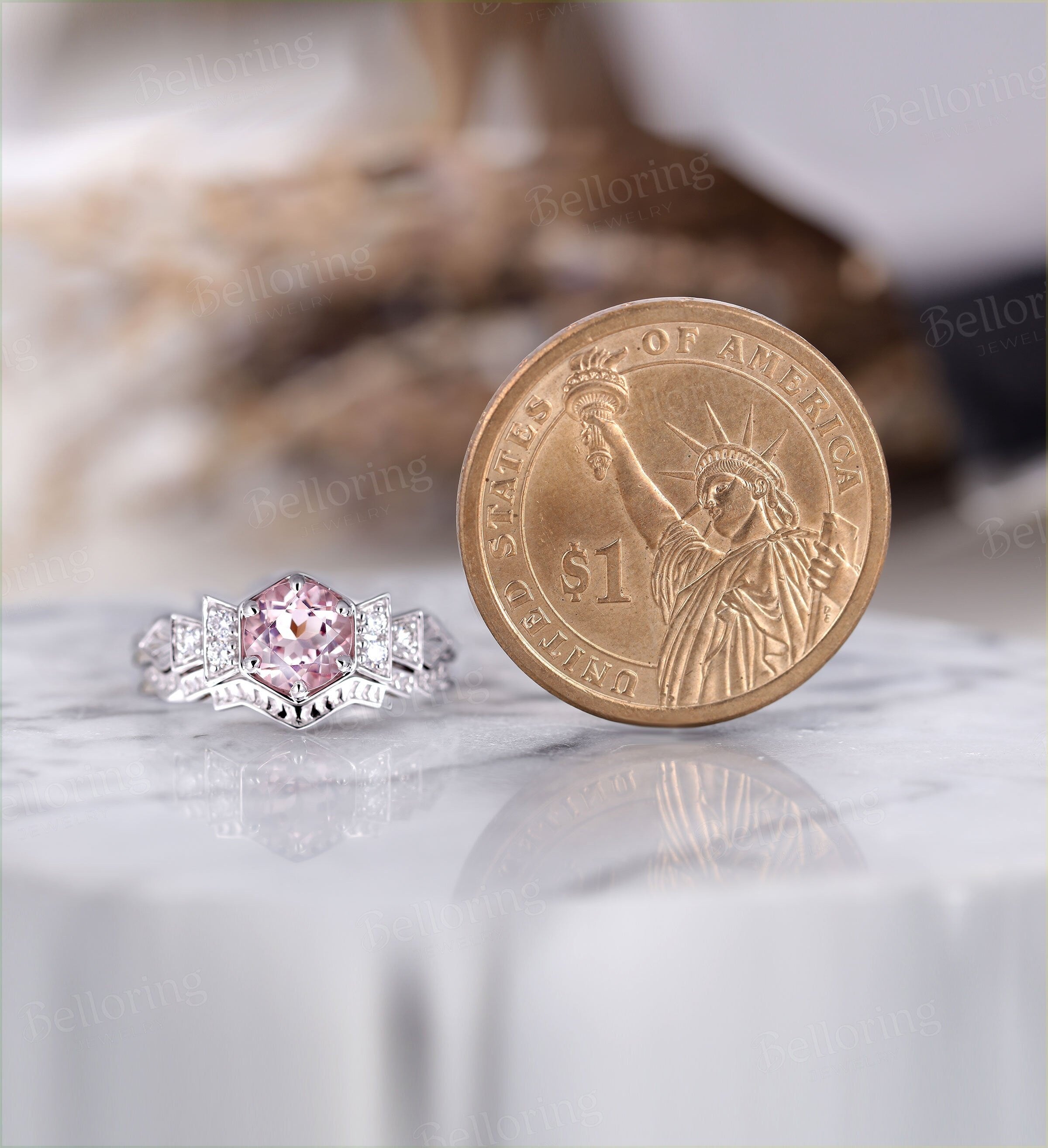 Morganite engagement ring white gold vintage engagement ring set Art deco Moissanite   Bridal set Anniversary Promise wedding ring