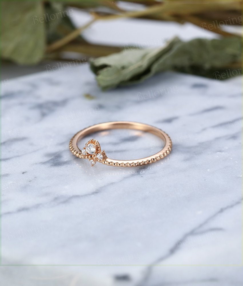 Diamond wedding band Art Deco Vintage  14k rose Gold unique round cut  Antique wedding ring   Promise Anniversary wedding ring