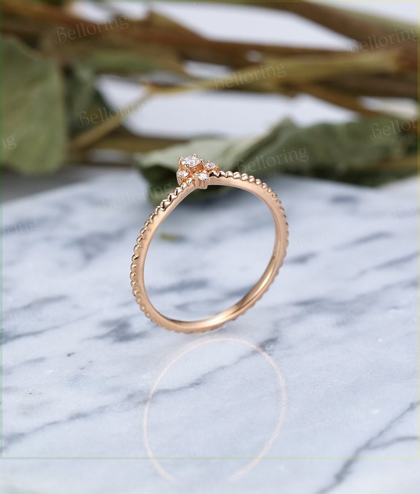 Diamond wedding band Art Deco Vintage  14k rose Gold unique round cut  Antique wedding ring   Promise Anniversary wedding ring