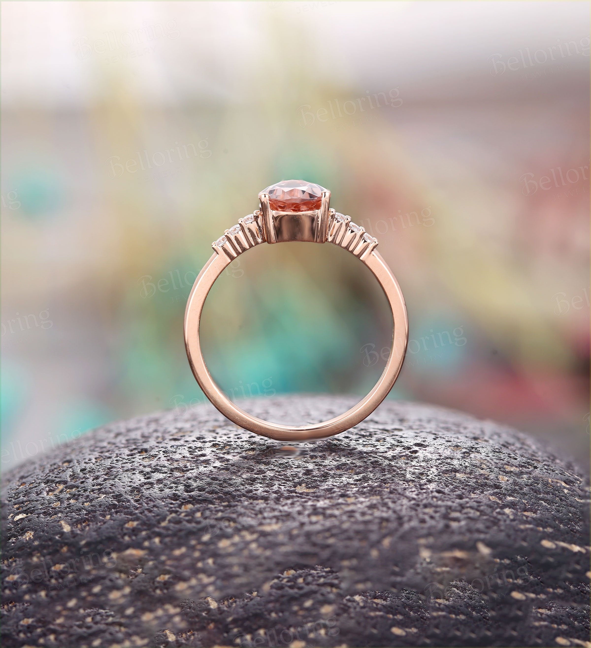 Morganite Engagement Ring Rose Gold Pear Cut Vintage prong set Diamond Wedding antique unique Promise wedding ring Bridal Jewelry