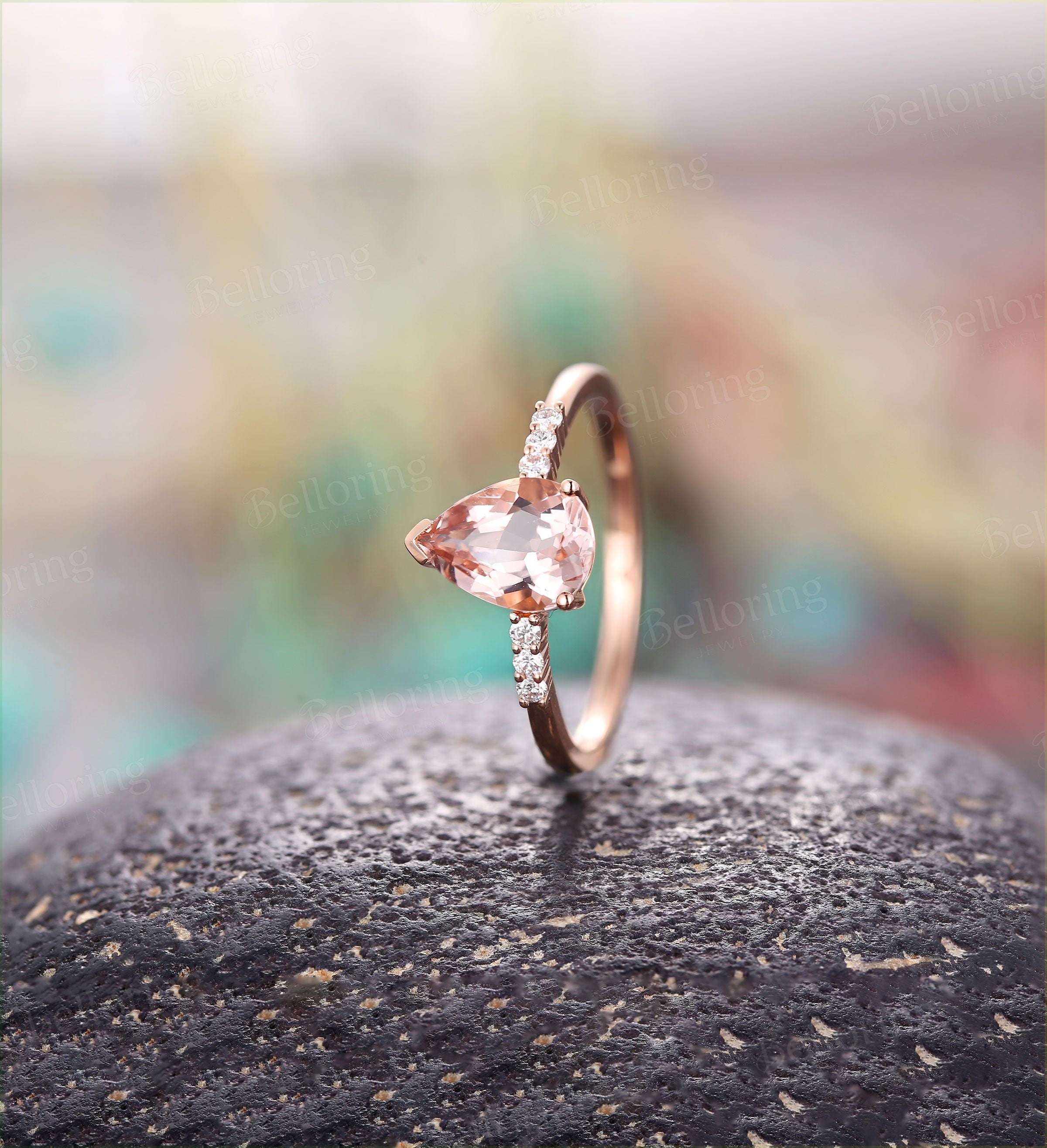 Morganite Engagement Ring Rose Gold Pear Cut Vintage prong set Diamond Wedding antique unique Promise wedding ring Bridal Jewelry