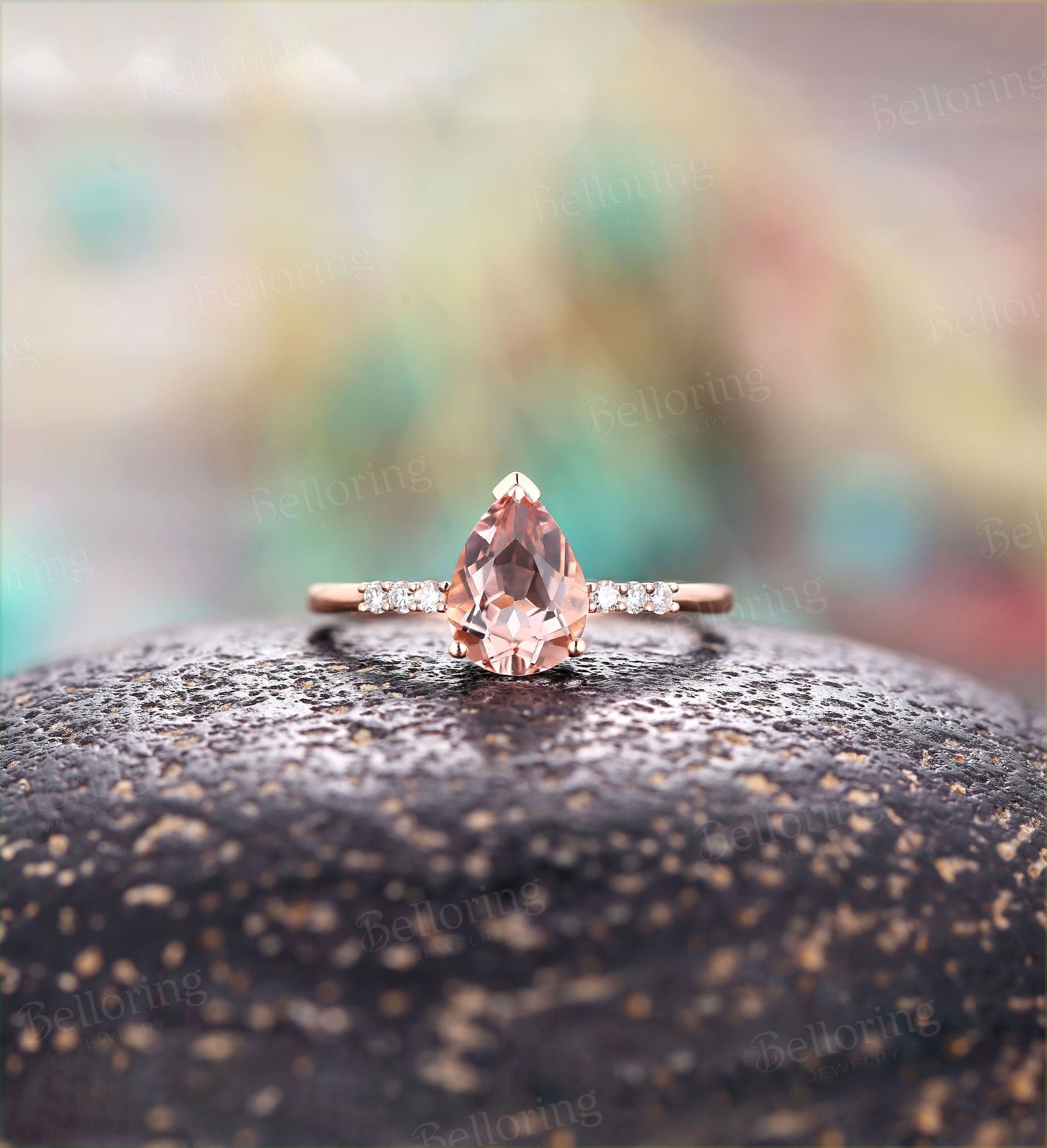 Morganite Engagement Ring Rose Gold Pear Cut Vintage prong set Diamond Wedding antique unique Promise wedding ring Bridal Jewelry