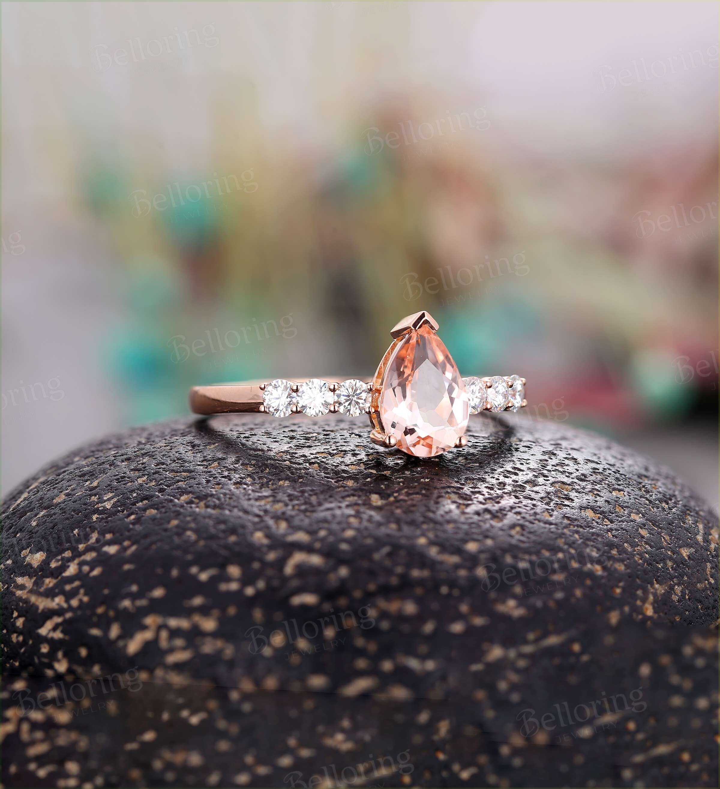 Morganite Engagement Ring Rose Gold Pear shaped Vintage prong set Diamond Wedding antique unique Promise wedding ring Bridal Jewelry