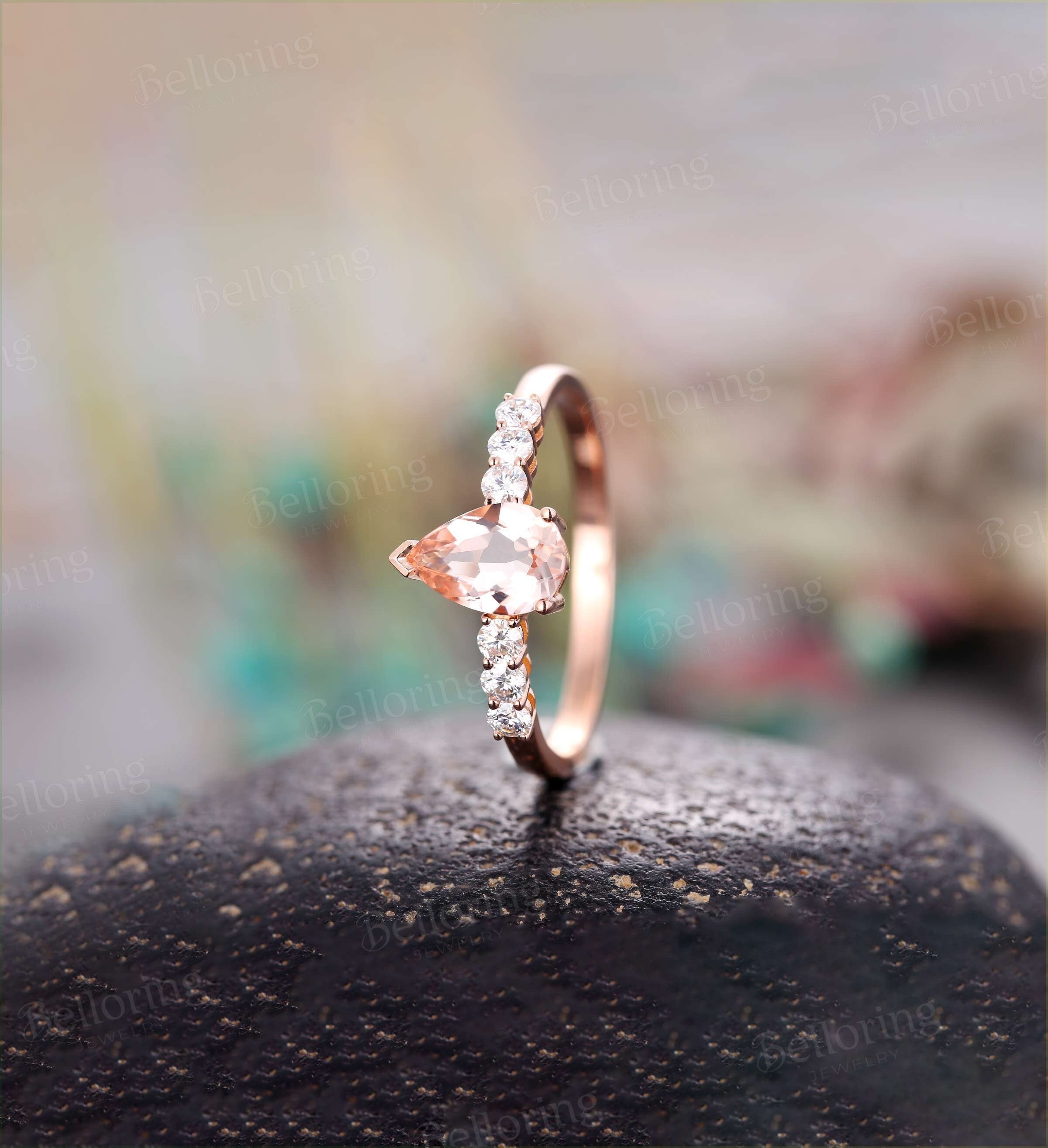 Morganite Engagement Ring Rose Gold Pear shaped Vintage prong set Diamond Wedding antique unique Promise wedding ring Bridal Jewelry