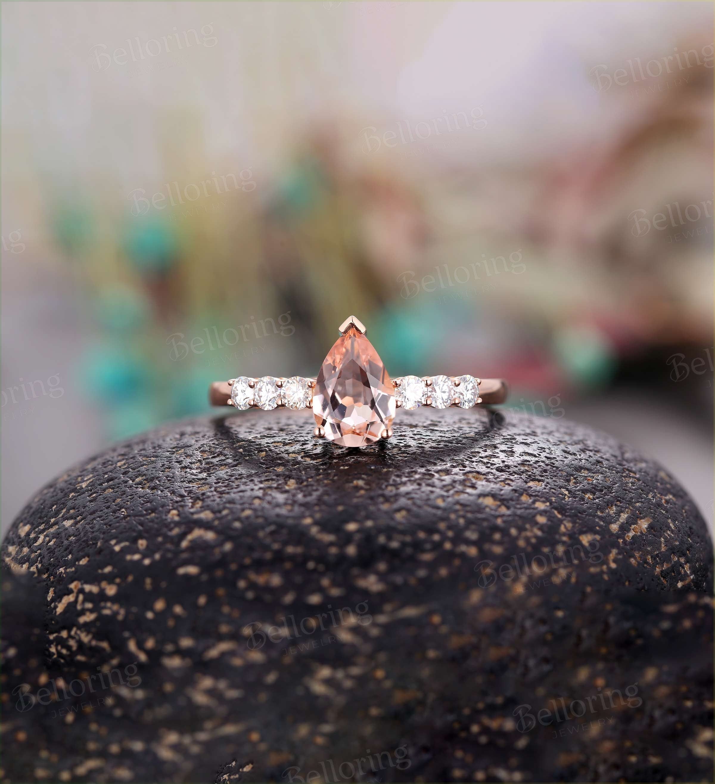 Morganite Engagement Ring Rose Gold Pear shaped Vintage prong set Diamond Wedding antique unique Promise wedding ring Bridal Jewelry