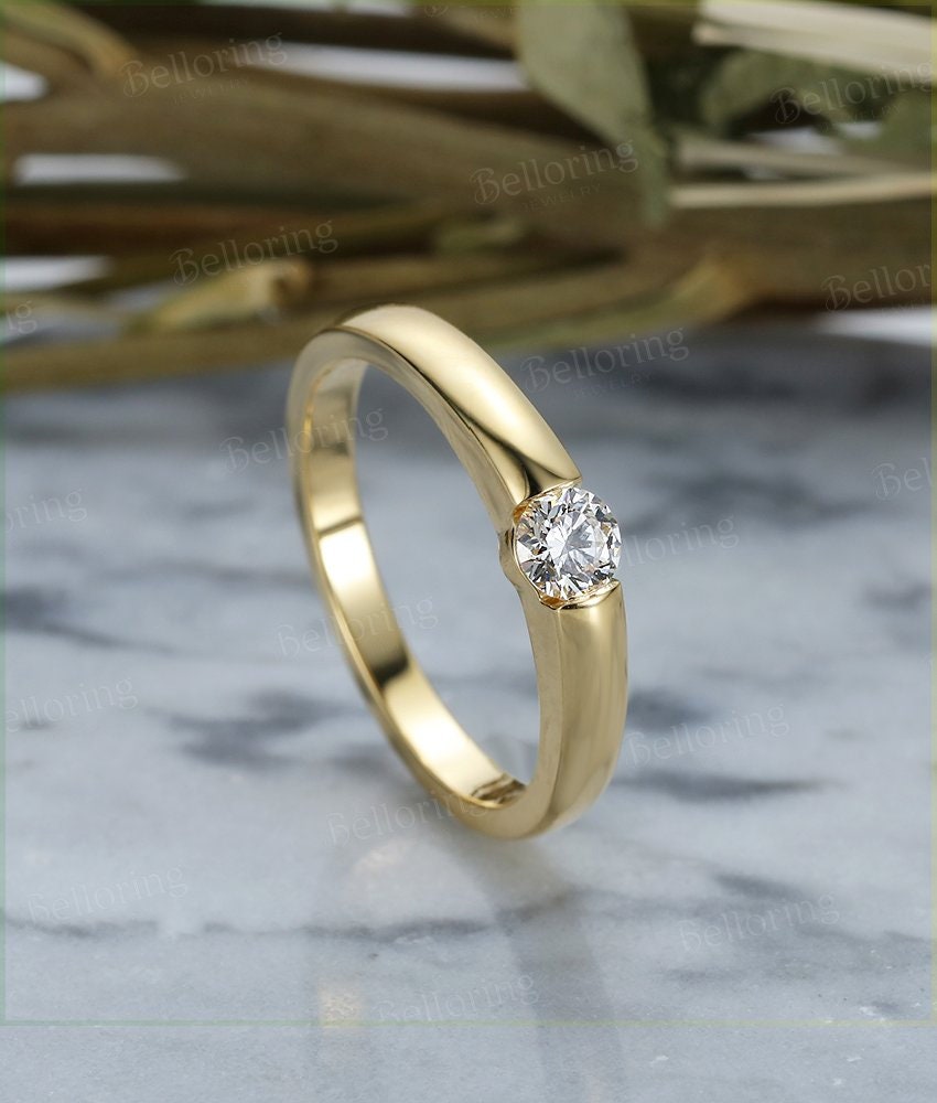 Moissanite yellow gold engagement ring, solitaire vintage wedding ring Bridal ring, Unique wedding ring Antique Promise Anniversary ring