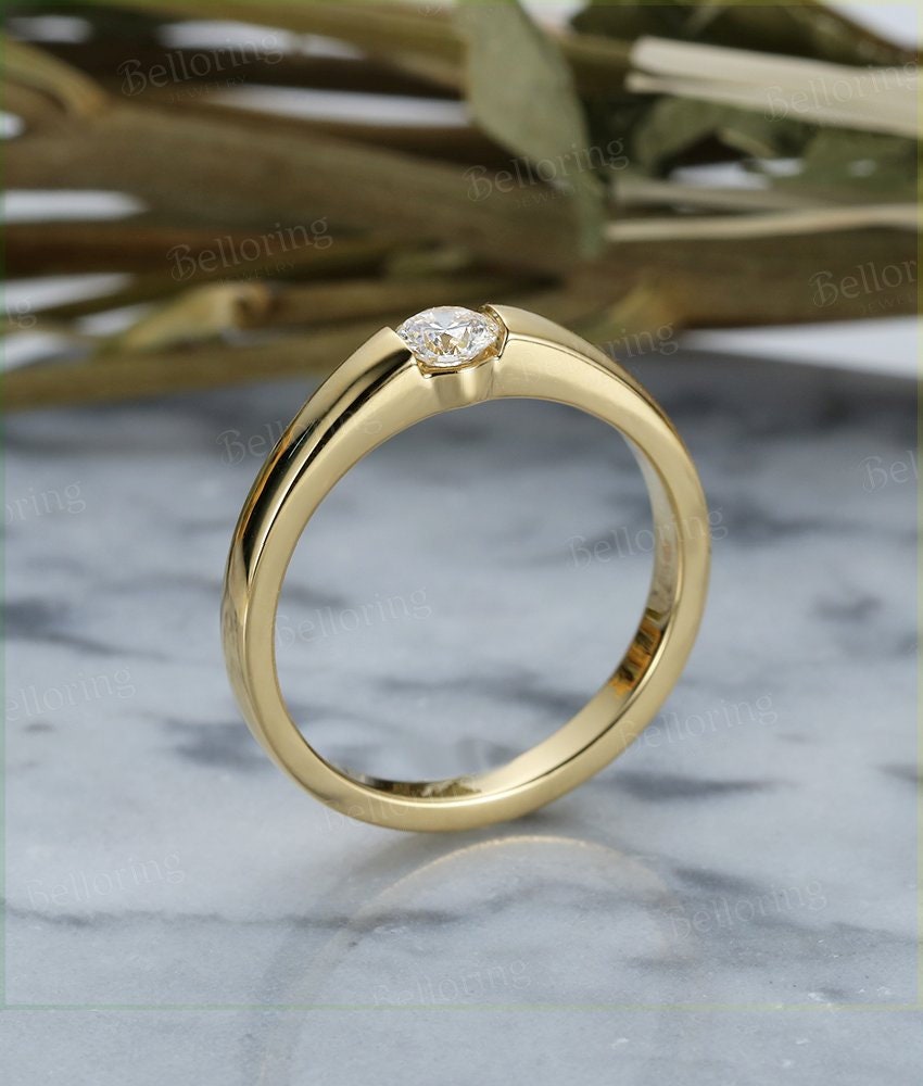 Moissanite yellow gold engagement ring, solitaire vintage wedding ring Bridal ring, Unique wedding ring Antique Promise Anniversary ring