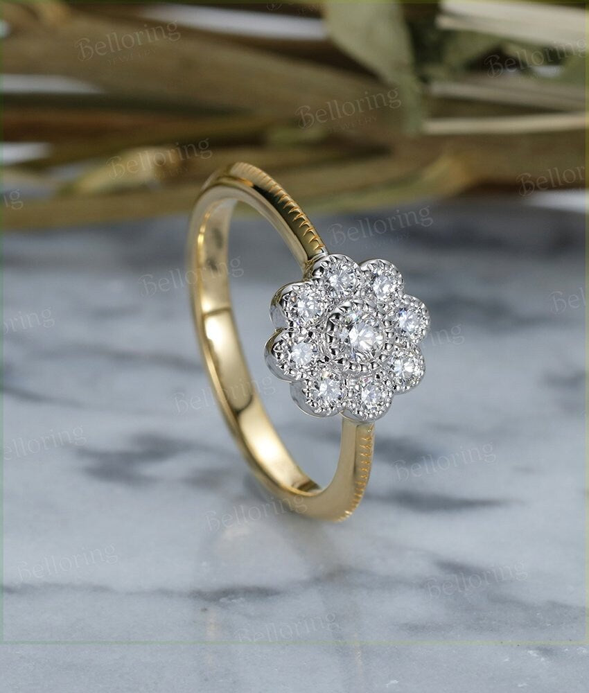 Diamond engagement ring 14k yellow gold halo vintage  wedding  flower  Bridal Jewelry Unique Antique Promise Anniversary wedding ring