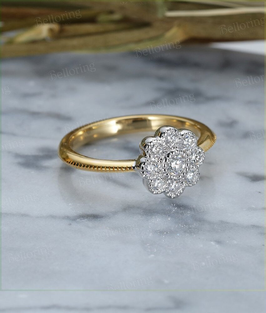 Diamond engagement ring 14k yellow gold halo vintage  wedding  flower  Bridal Jewelry Unique Antique Promise Anniversary wedding ring