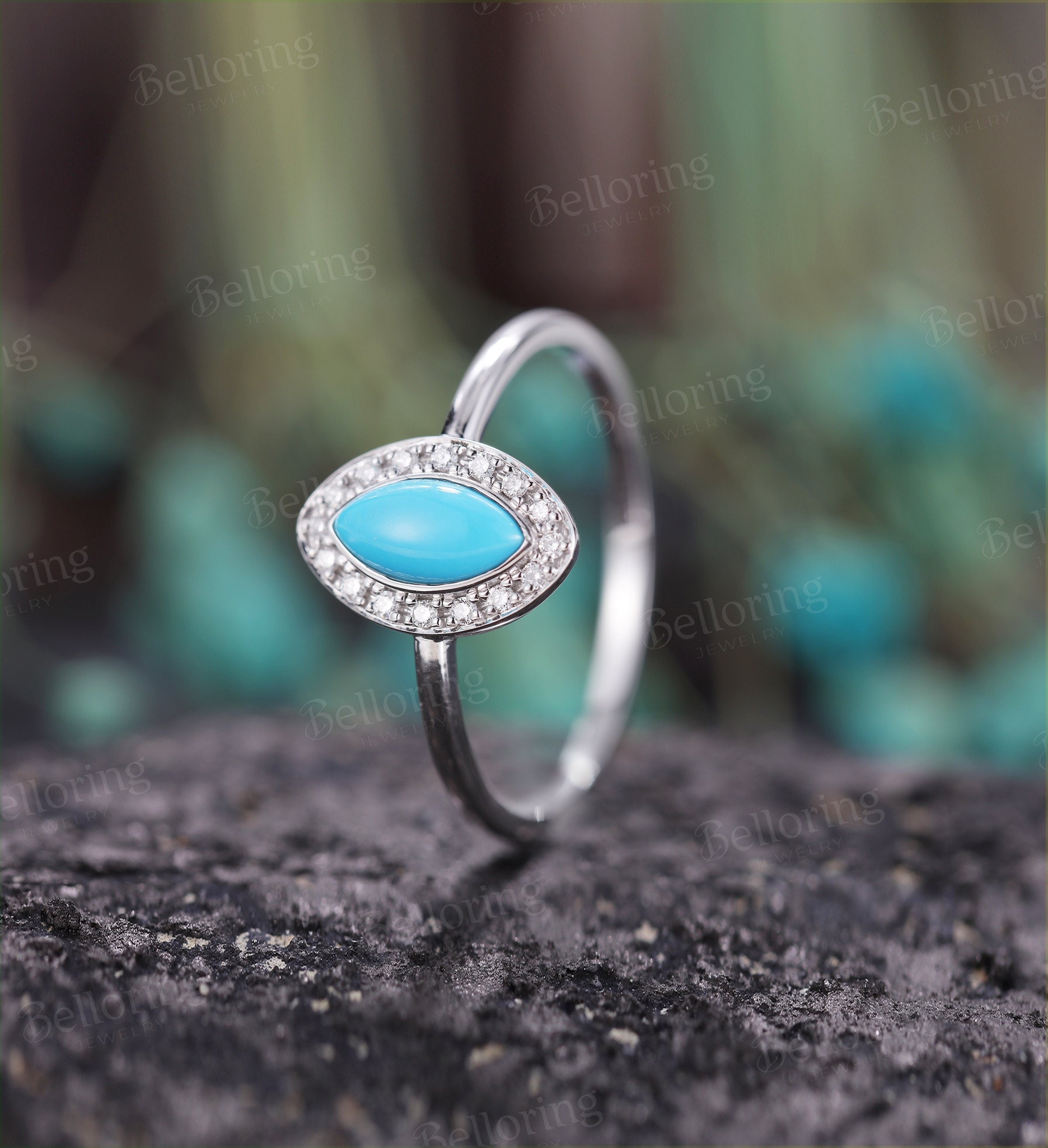 Marquise shaped turquoise engagement ring set vintage white gold halo diamond unique art deco  Antique Promise anniversary wedding ring