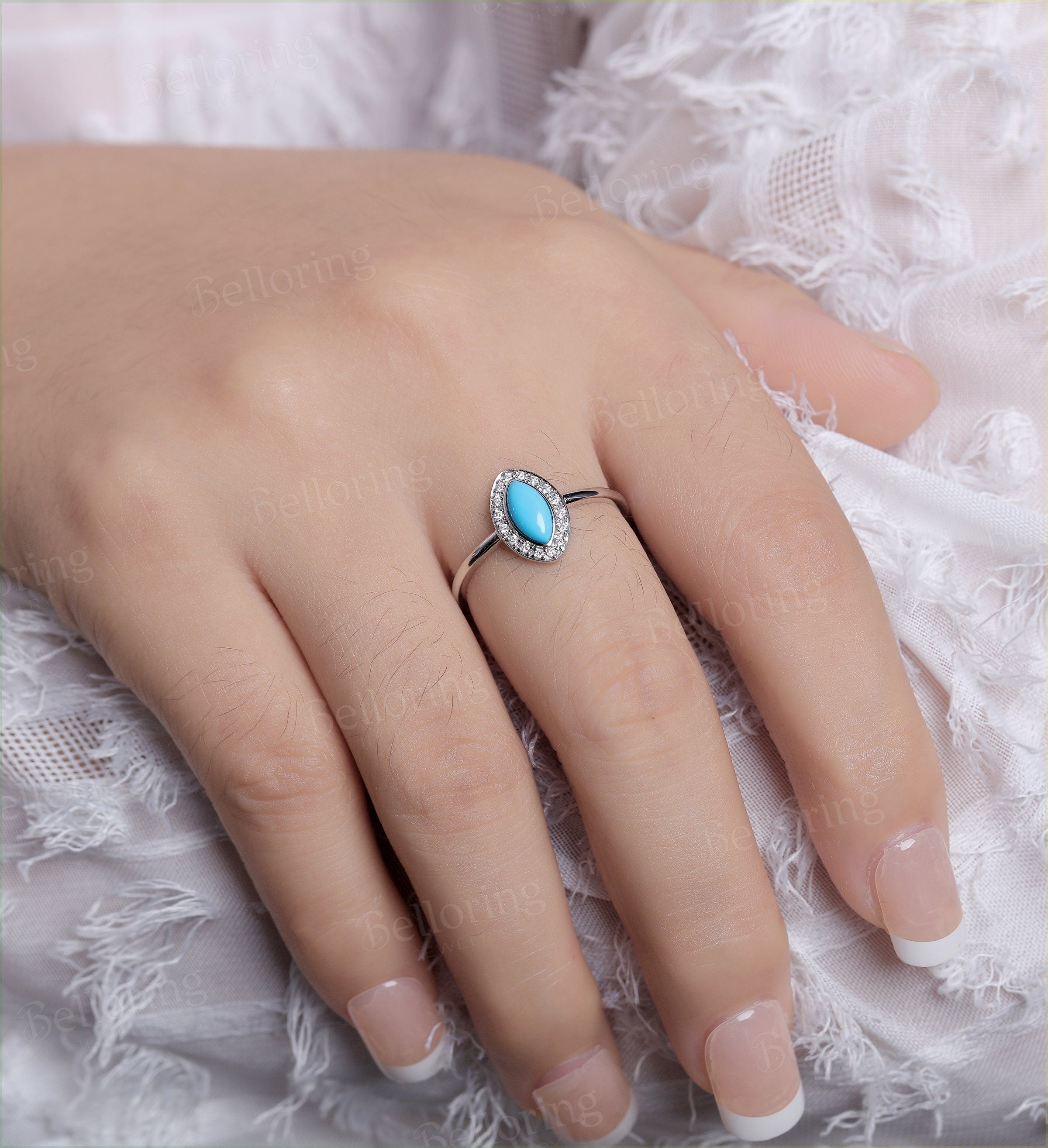 Marquise shaped turquoise engagement ring set vintage white gold halo diamond unique art deco  Antique Promise anniversary wedding ring