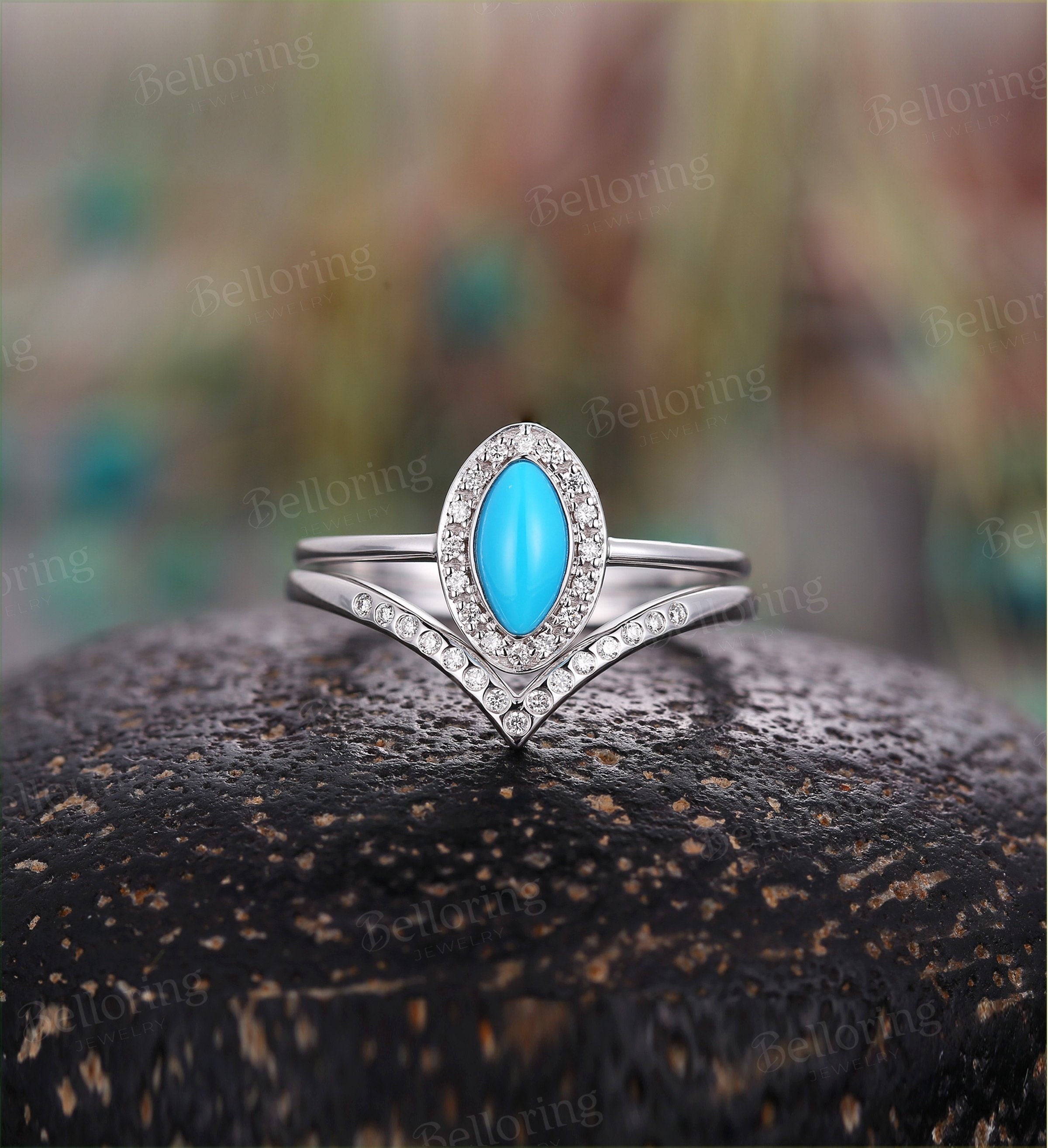 Marquise shaped turquoise engagement ring set vintage white gold halo diamond chevron Wedding band  Antique Promise wedding ring