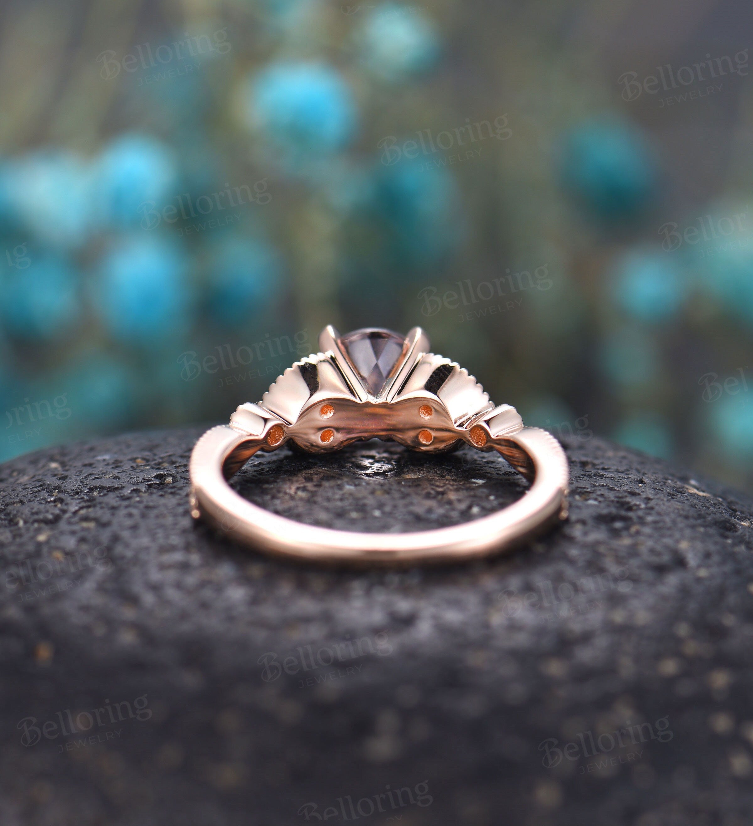 Morganite engagement ring  rose gold prong set vintage Moissanite milgrain Wedding  unique art deco Jewelry Anniversary wedding ring