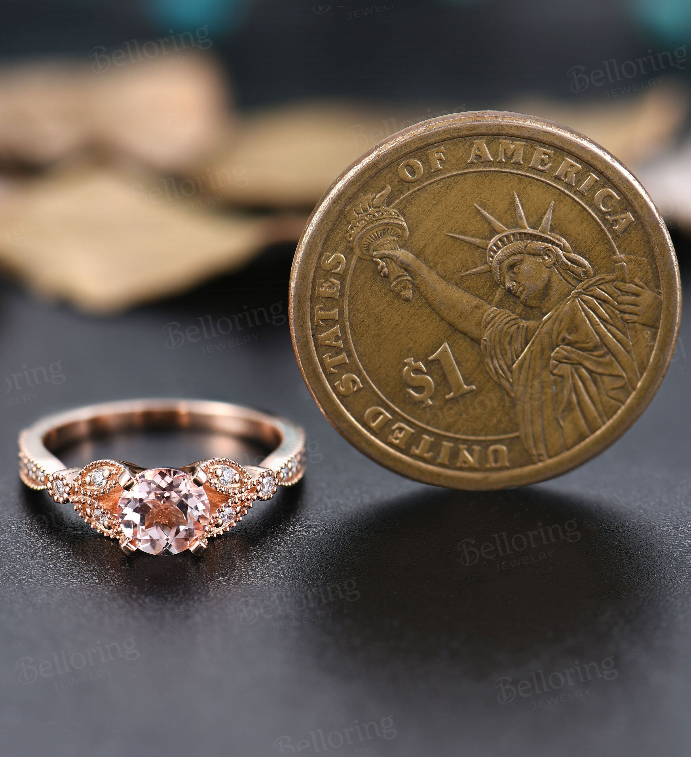 Morganite engagement ring  rose gold prong set vintage Moissanite milgrain Wedding  unique art deco Jewelry Anniversary wedding ring