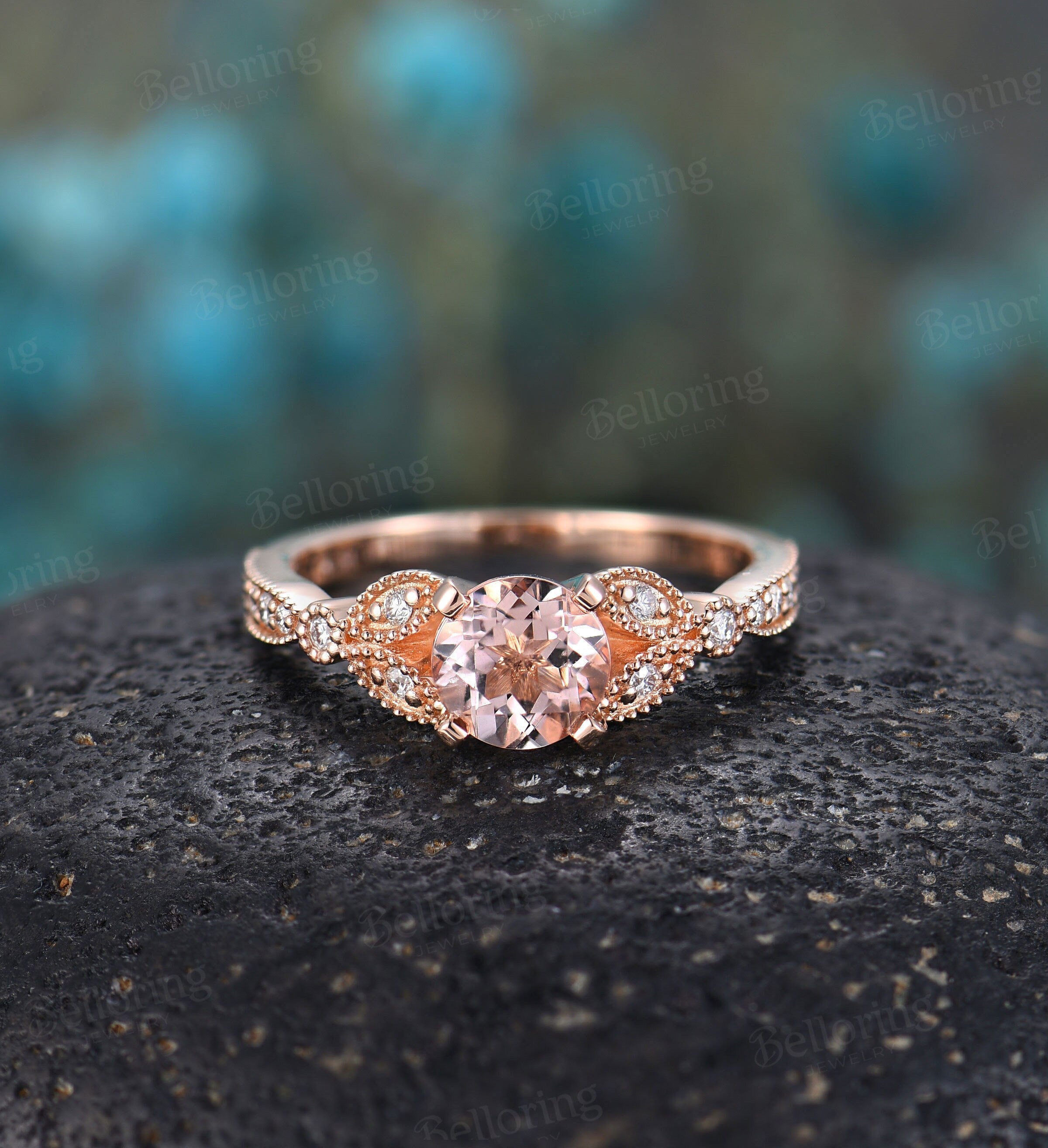 Morganite engagement ring  rose gold prong set vintage Moissanite milgrain Wedding  unique art deco Jewelry Anniversary wedding ring