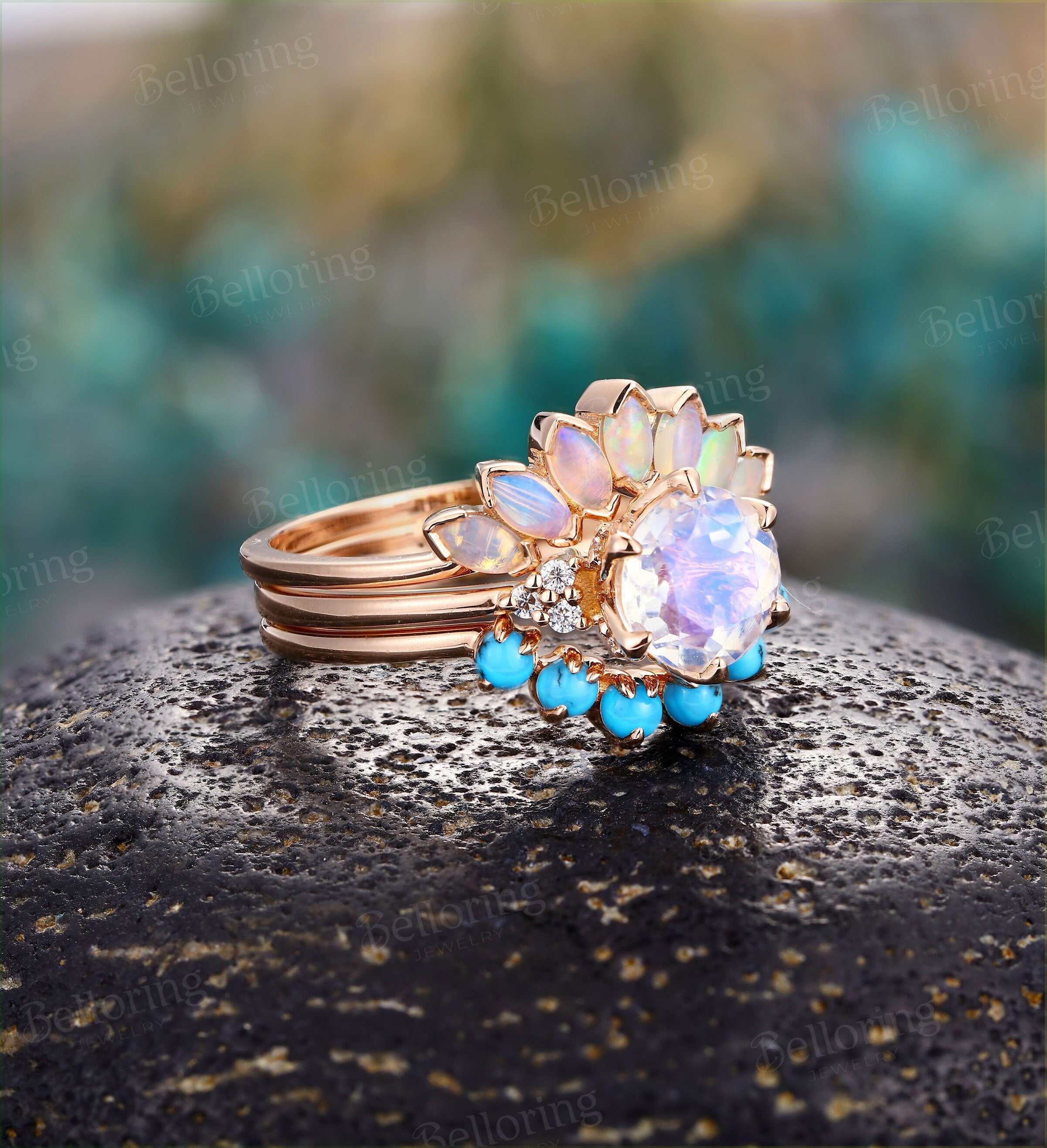 Art deco Moonstone engagement ring set Vintage Opal band rose gold Unique moissanite rings Bridal set Anniversary rings stacking rings