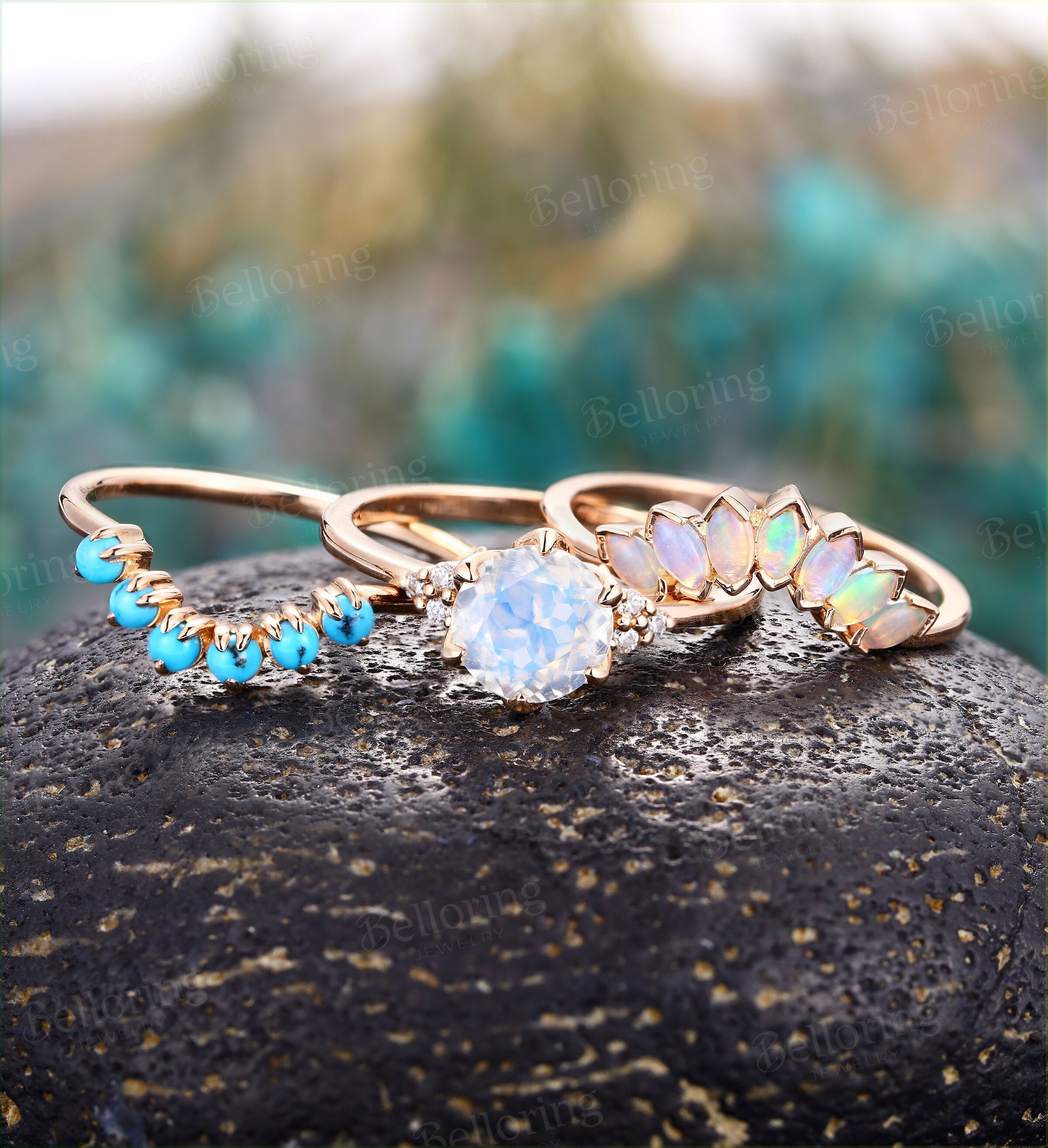 Art deco Moonstone engagement ring set Vintage Opal band rose gold Unique moissanite rings Bridal set Anniversary rings stacking rings