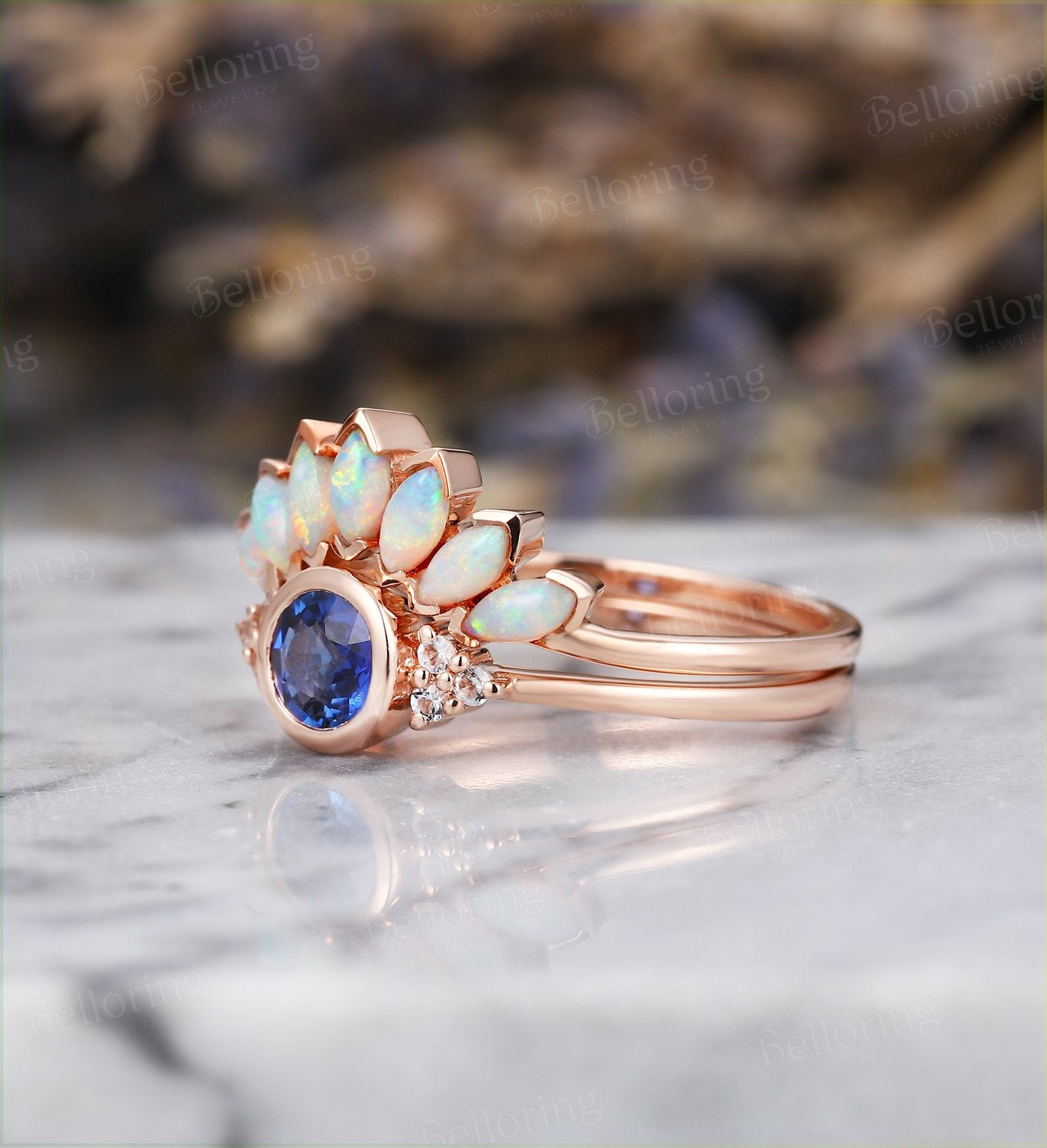 Lab Sapphire engagement ring set  marquise cut white opal band Vintage Topaz side stone rose gold Unique Jewelry birthstone gift