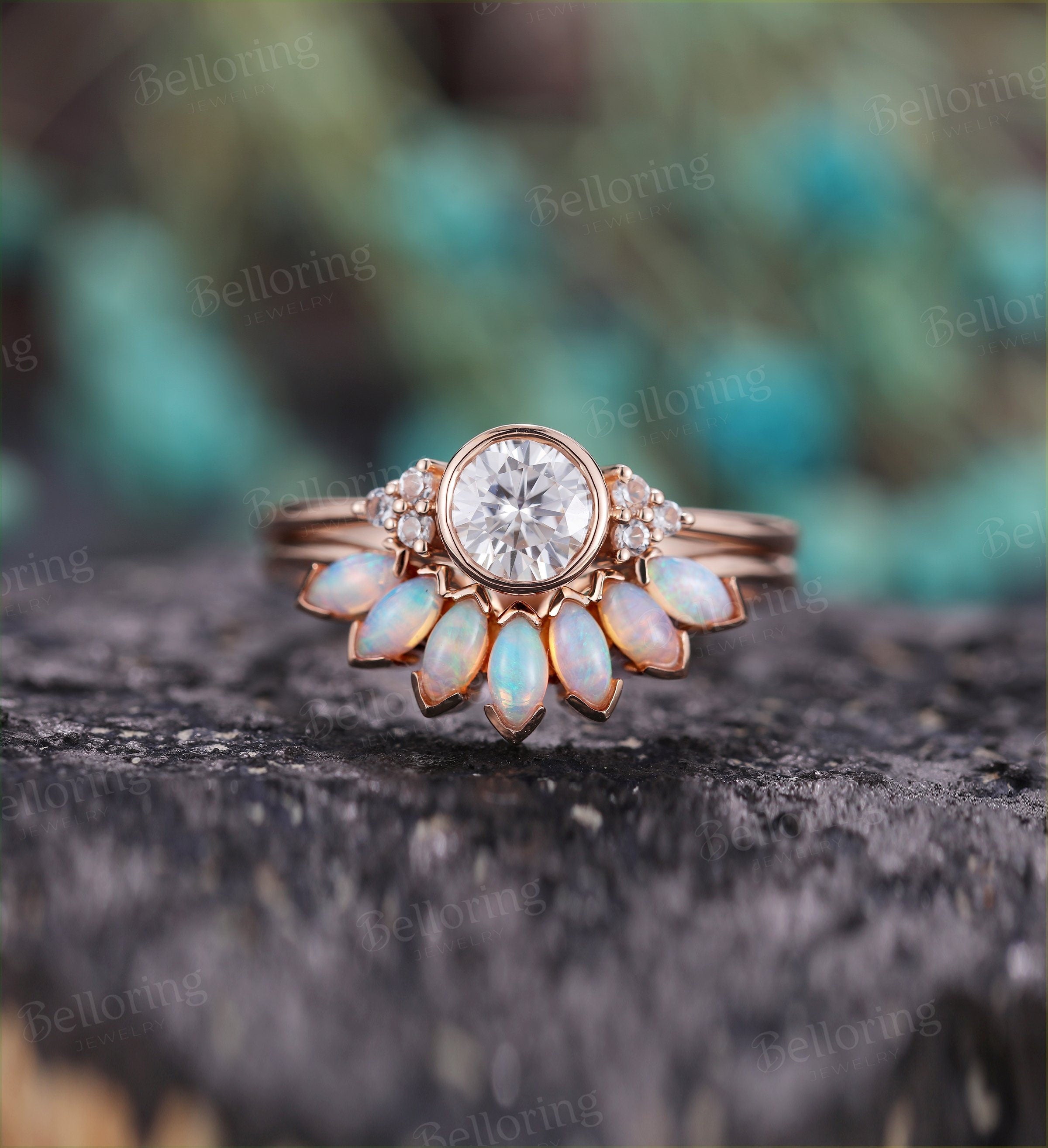 Moissanite engagement ring set  opal Vintage Topaz rose gold Unique wedding Bridal Jewelry birthstone art deco Anniversary wedding ring