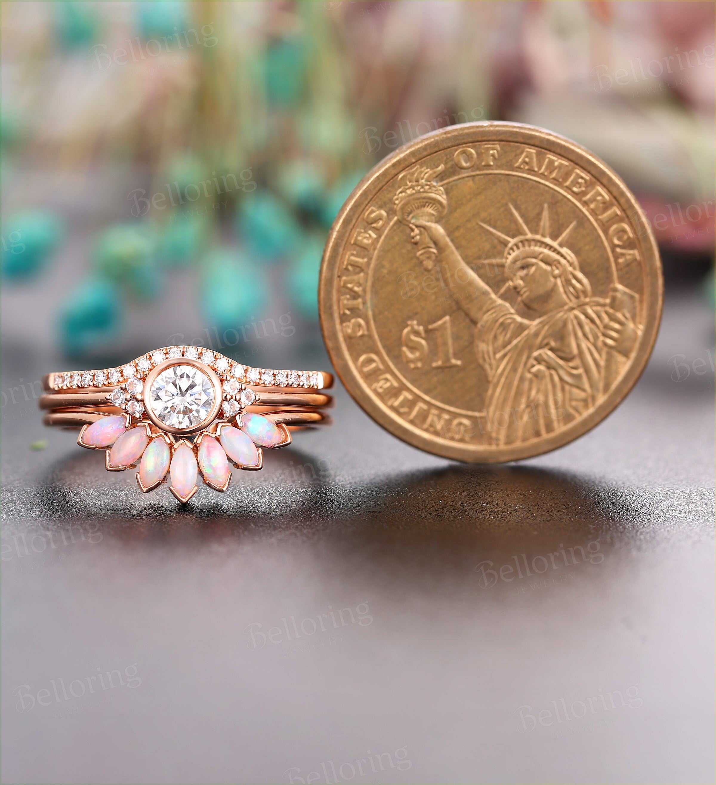 Moissanite engagement ring for , Marquise cut opal wedding band,Vintage rose gold wedding ring,Art deco Jewelry Anniversary gift