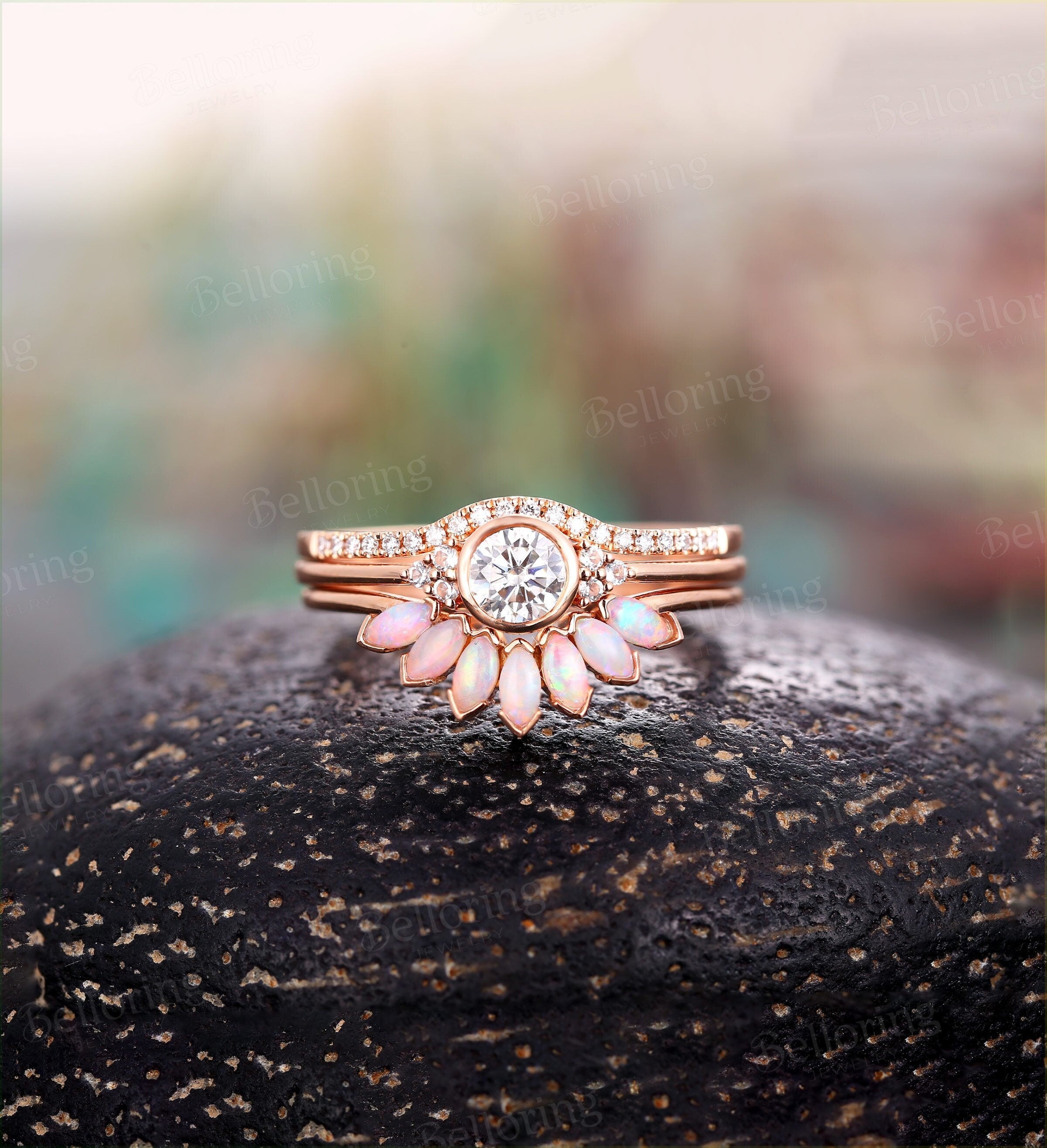 Moissanite engagement ring for , Marquise cut opal wedding band,Vintage rose gold wedding ring,Art deco Jewelry Anniversary gift