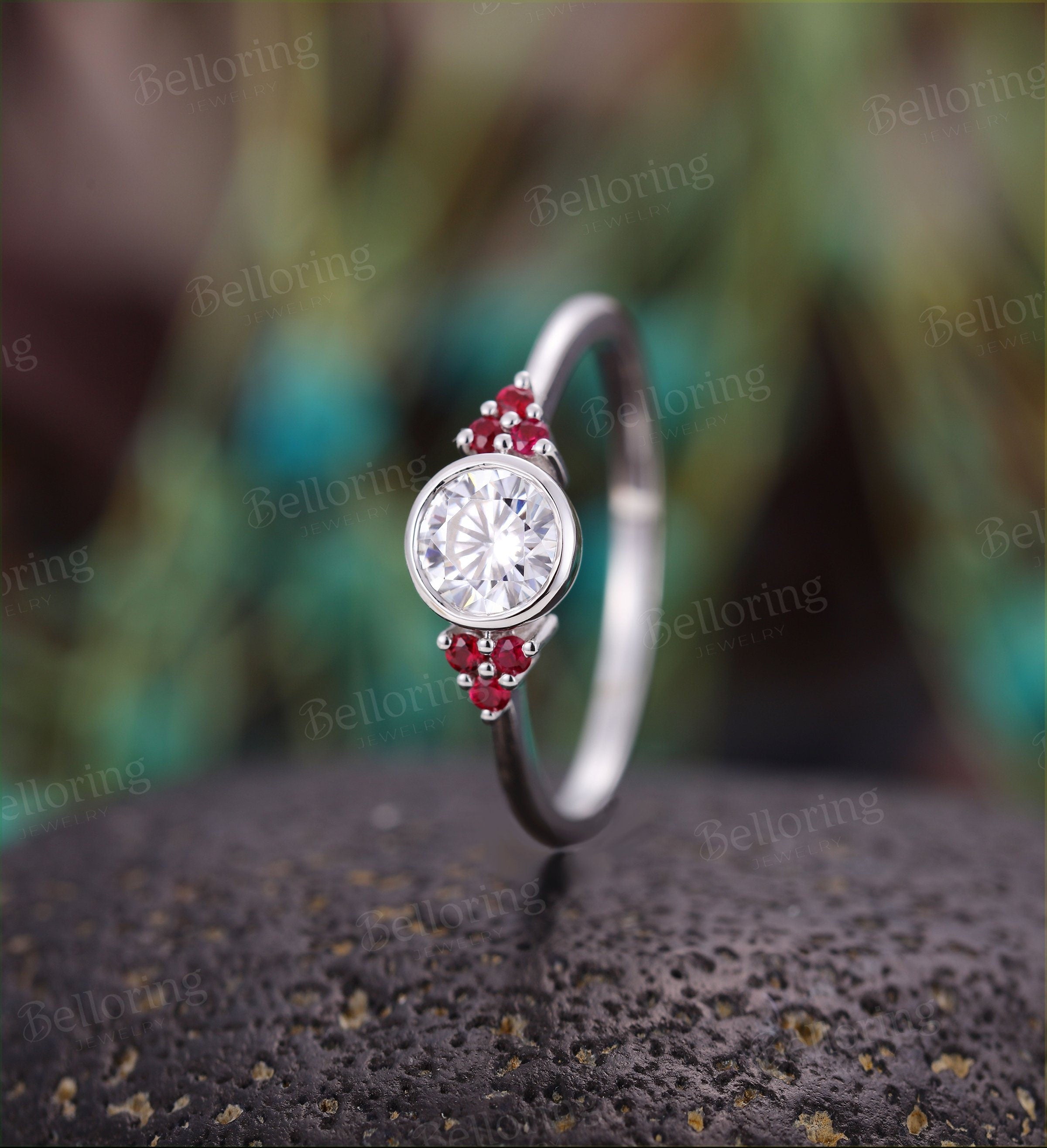 Art deco engagement ring  Vintage moissanite natural ruby white gold Unique Delicate wedding Bridal Jewelry birthstone wedding ring