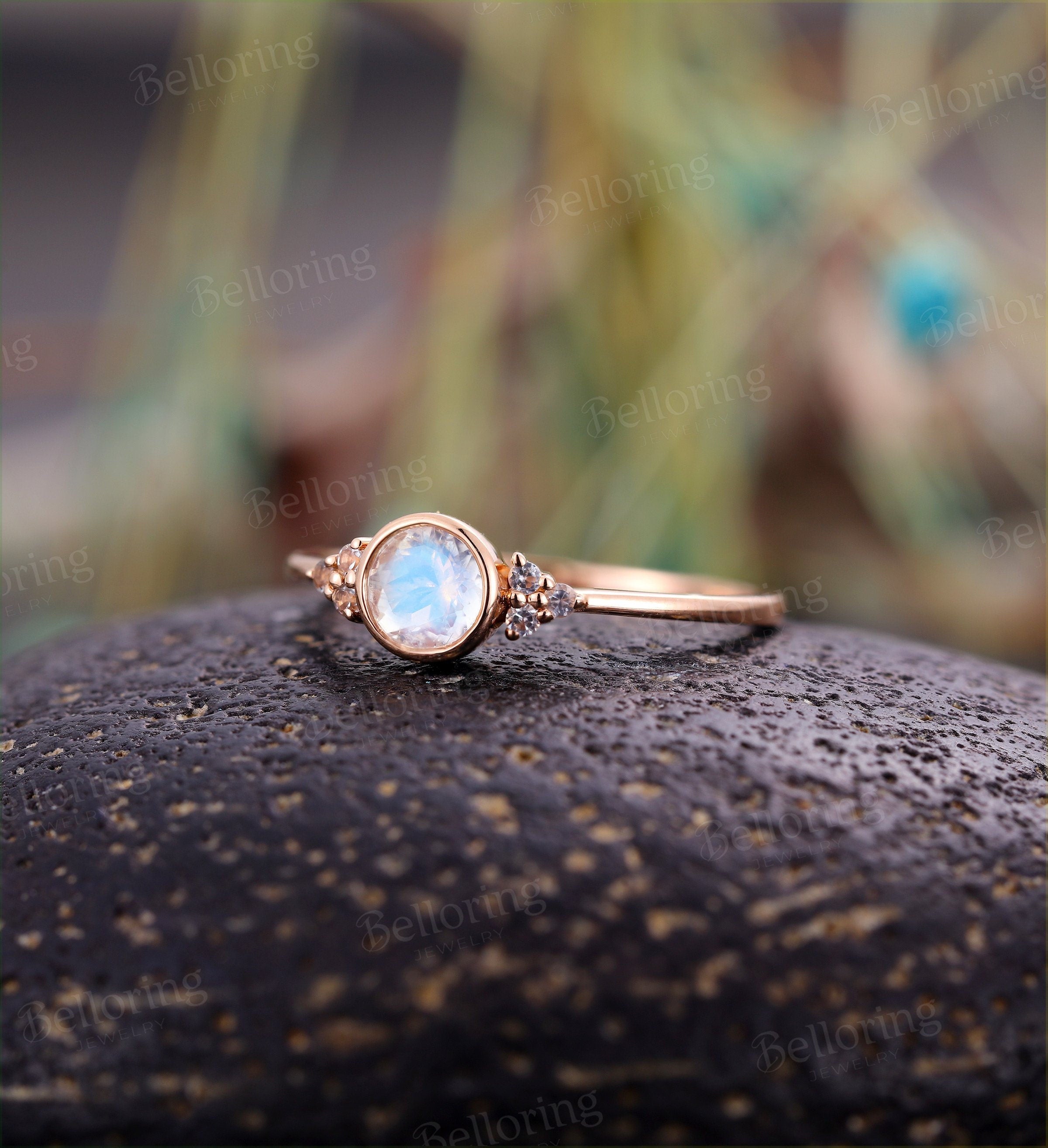 Art deco engagement ring  Vintage moonstone Topaz rose gold Unique Delicate wedding  Bridal Jewelry birthstone Anniversary wedding ring