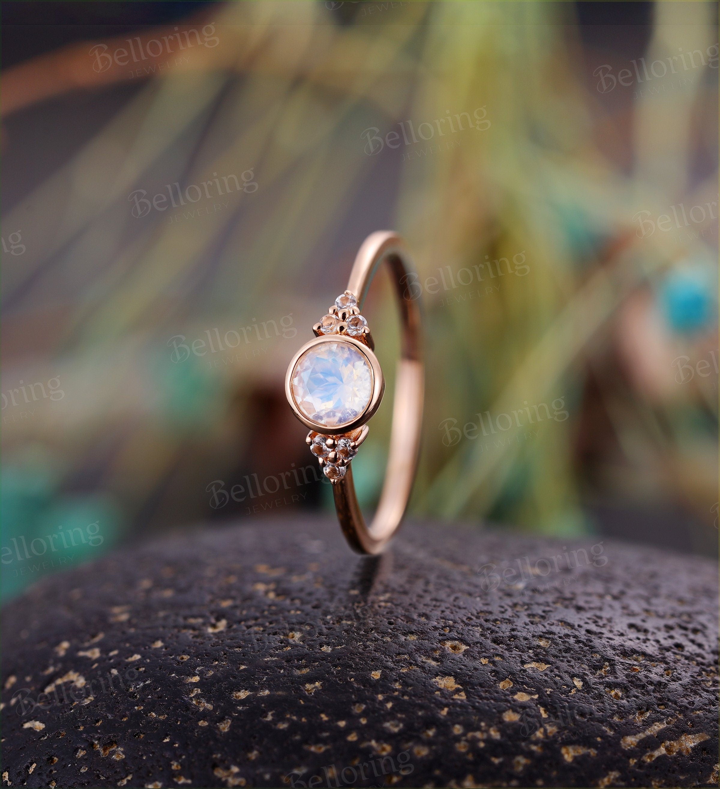 Art deco engagement ring  Vintage moonstone Topaz rose gold Unique Delicate wedding  Bridal Jewelry birthstone Anniversary wedding ring