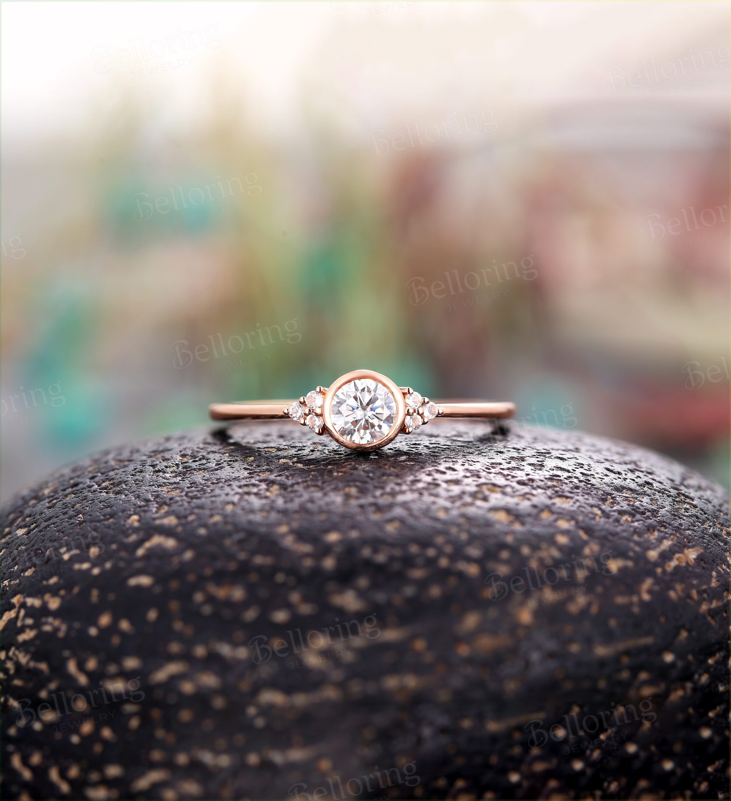 Art deco engagement ring  Vintage moissanite Topaz rose gold Unique Delicate wedding Bridal Jewelry birthstone Anniversary wedding ring