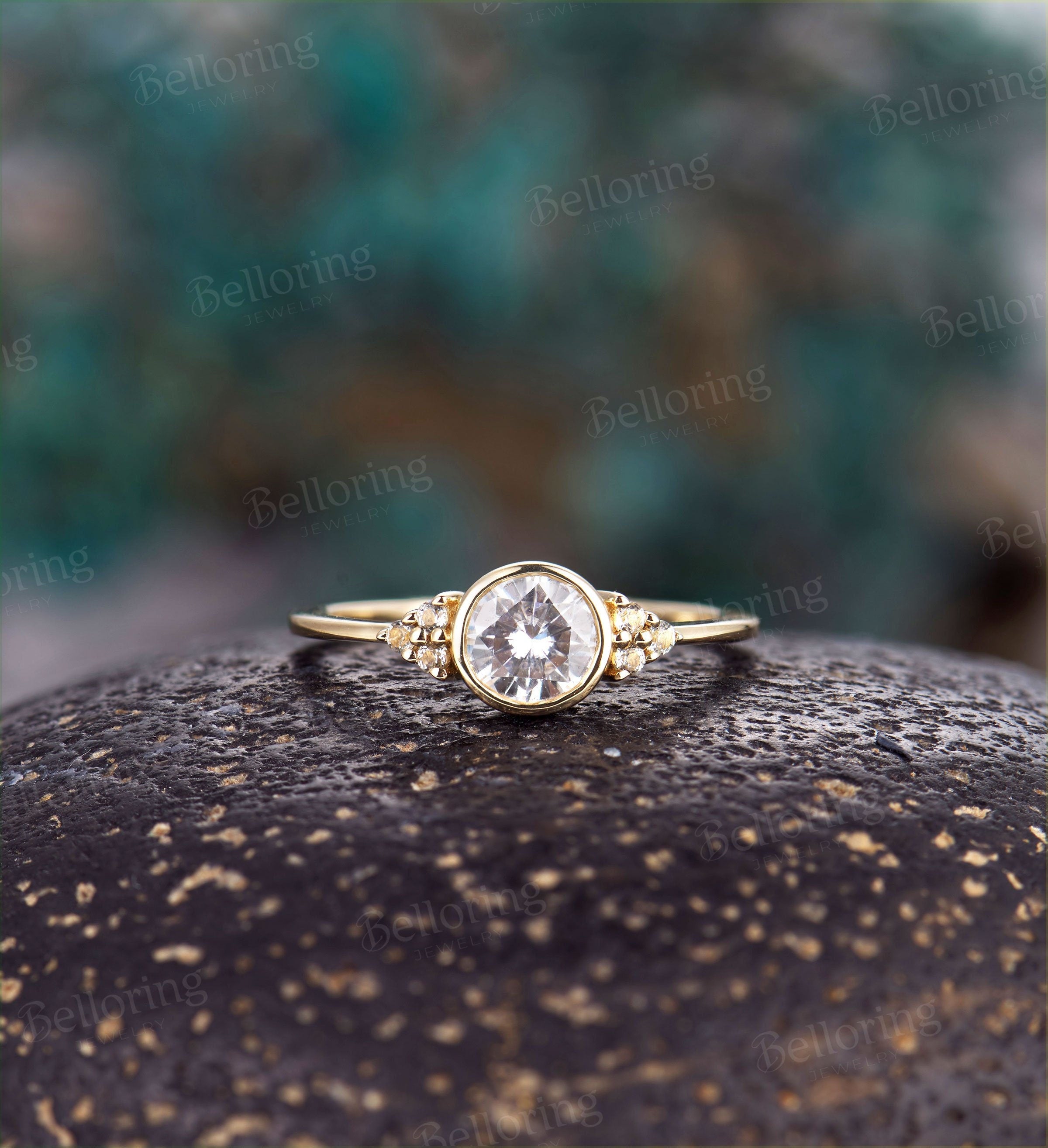 Art deco engagement ring  Vintage moissanite Topaz yellow gold Unique Delicate wedding Bridal birthstone Anniversary wedding ring