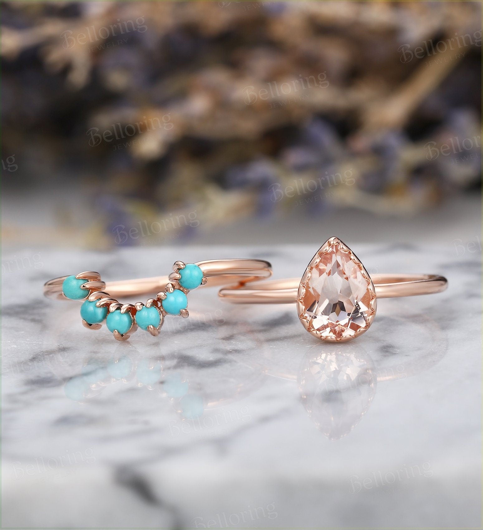 Morganite engagement ring set Rose gold pear cut vintage  turquoise curved Wedding band  antique Jewelry Anniversary wedding ring