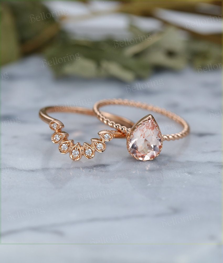 Morganite engagement ring Rose gold pear cut vintage Halo diamond curved Wedding band  antique Jewelry Anniversary wedding ring