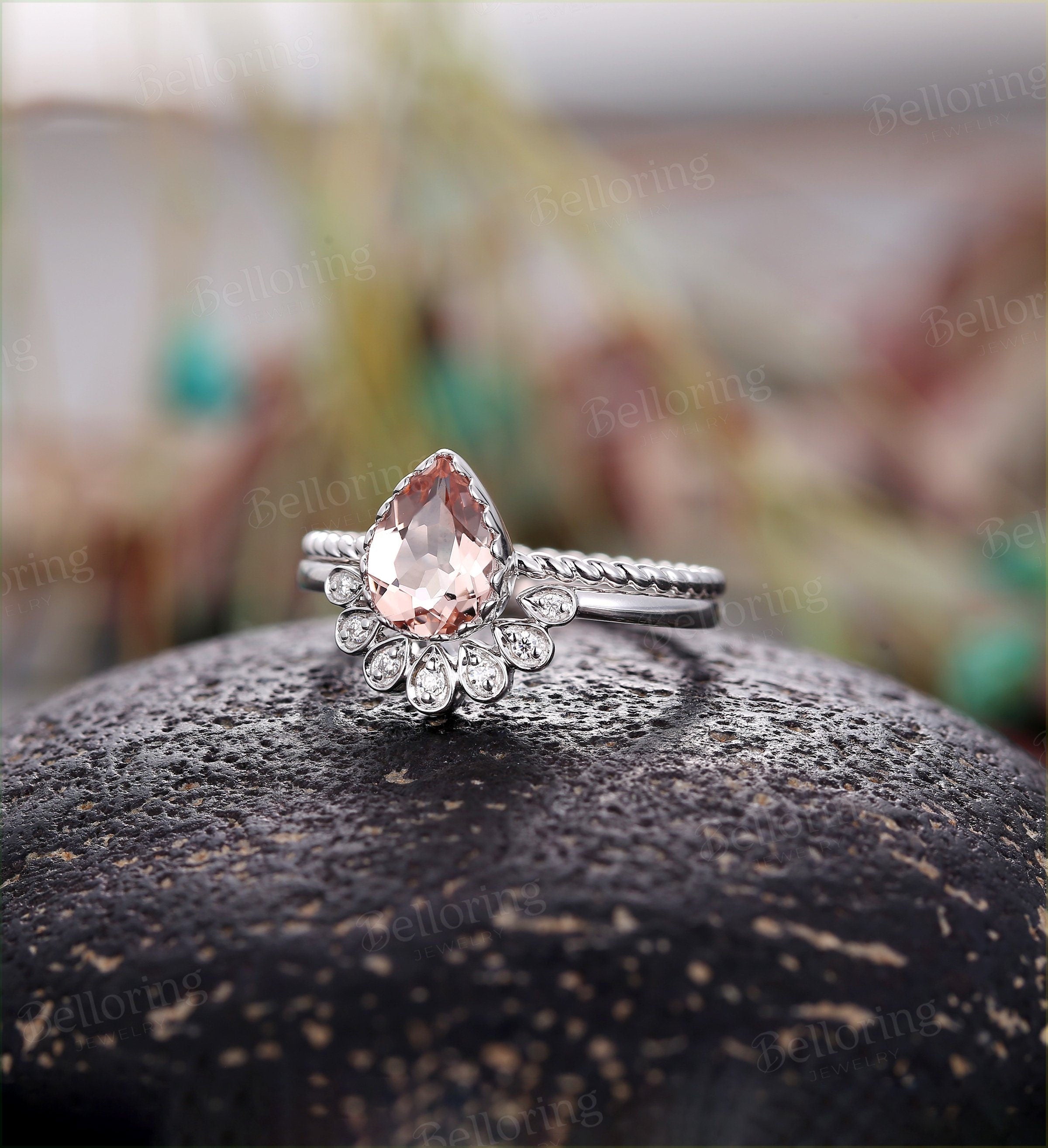 Morganite engagement ring Rose gold pear cut vintage Halo diamond curved Wedding band  antique Jewelry Anniversary wedding ring