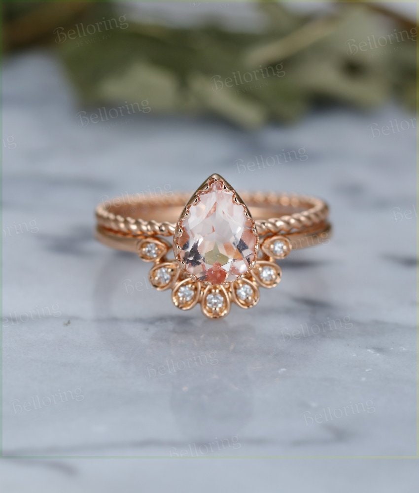 Morganite engagement ring Rose gold pear cut vintage Halo diamond curved Wedding band  antique Jewelry Anniversary wedding ring