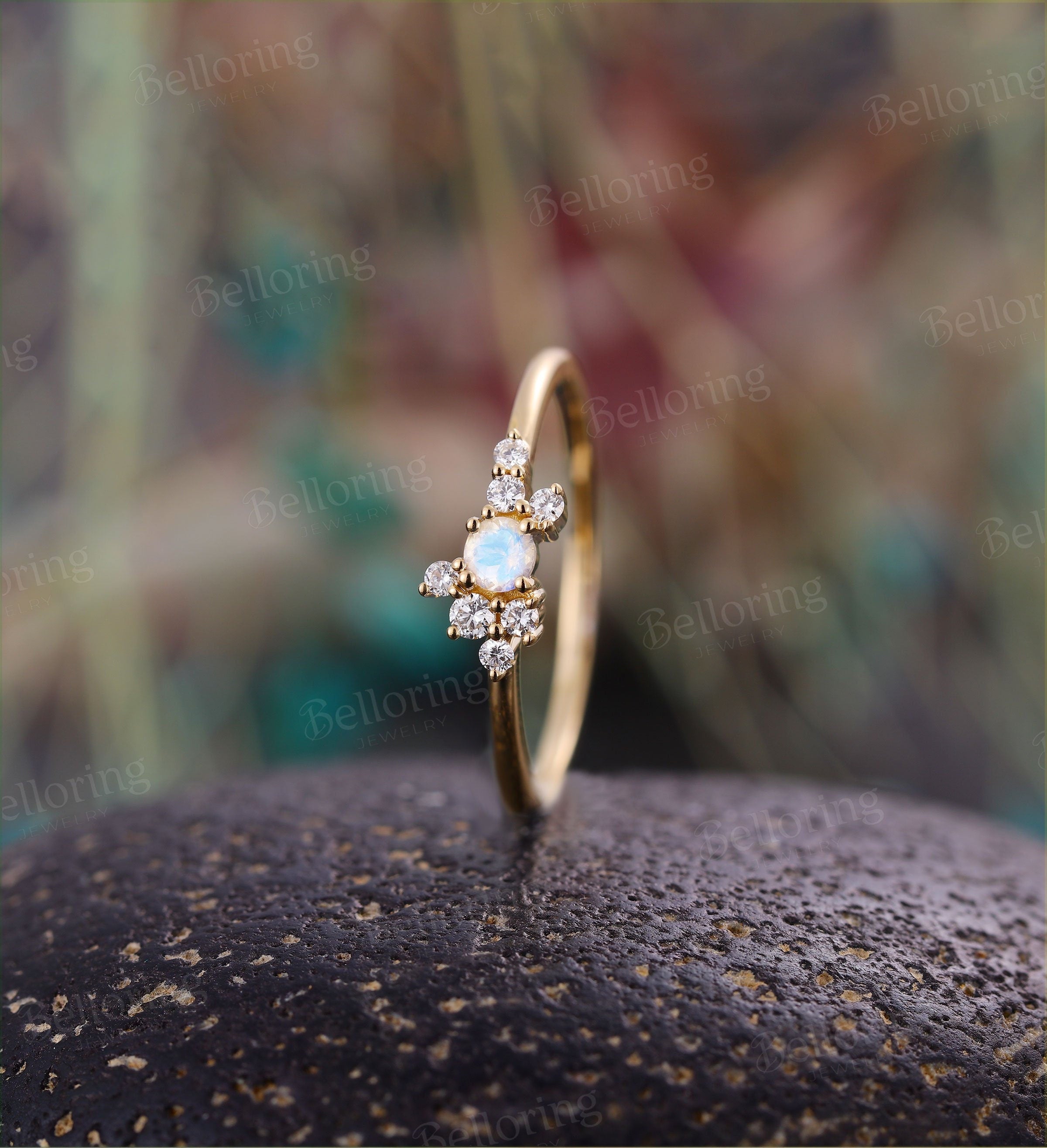 Moonstone engagement ring yellow gold  vintage round cut Diamond Cluster ring wedding Bridal Set birthstone Anniversary gift for