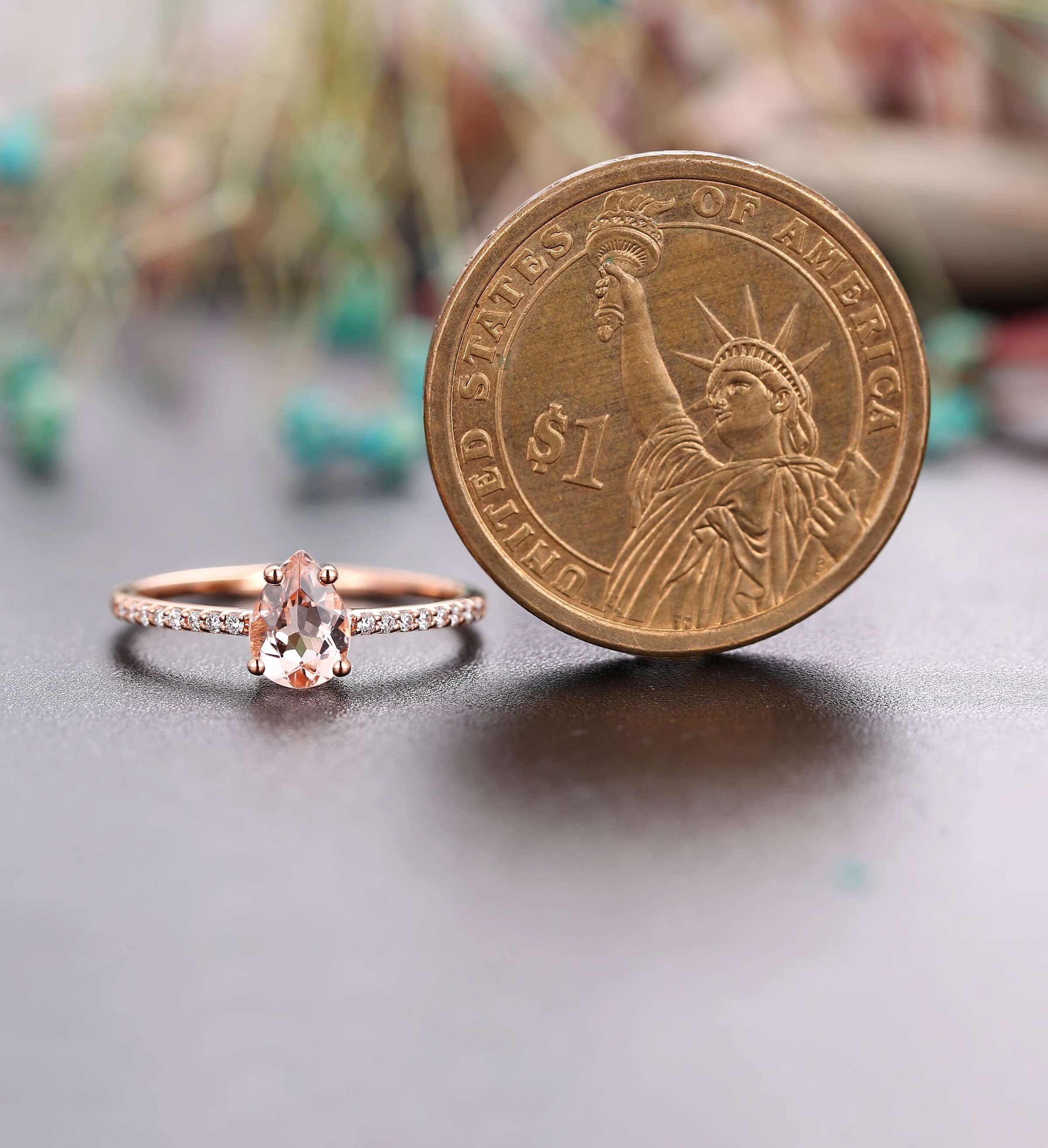 Morganite engagement ring Rose gold pear cut vintage Halo diamond Half eternity Wedding  Jewelry birthstone Anniversary wedding ring