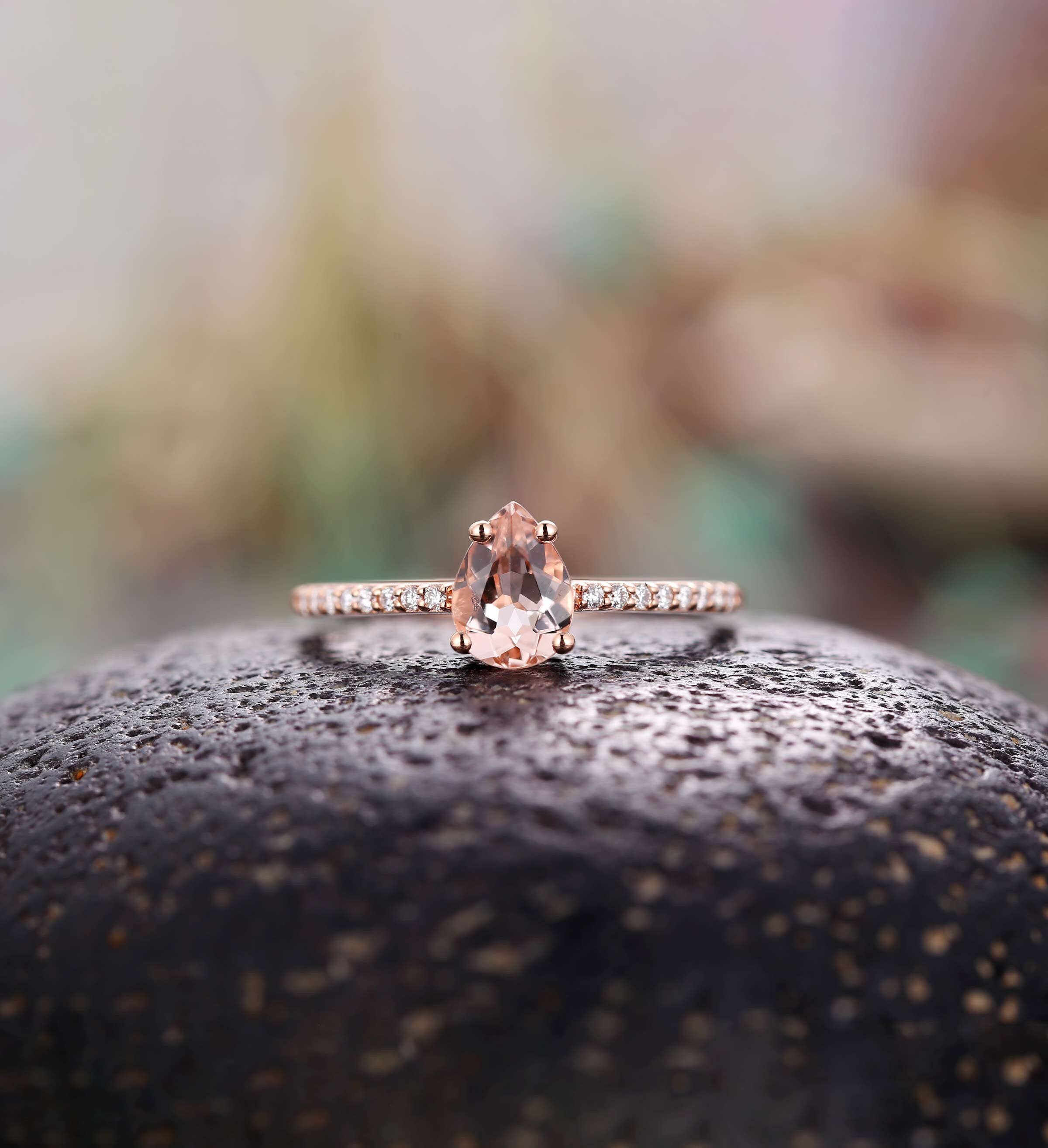 Morganite engagement ring Rose gold pear cut vintage Halo diamond Half eternity Wedding  Jewelry birthstone Anniversary wedding ring